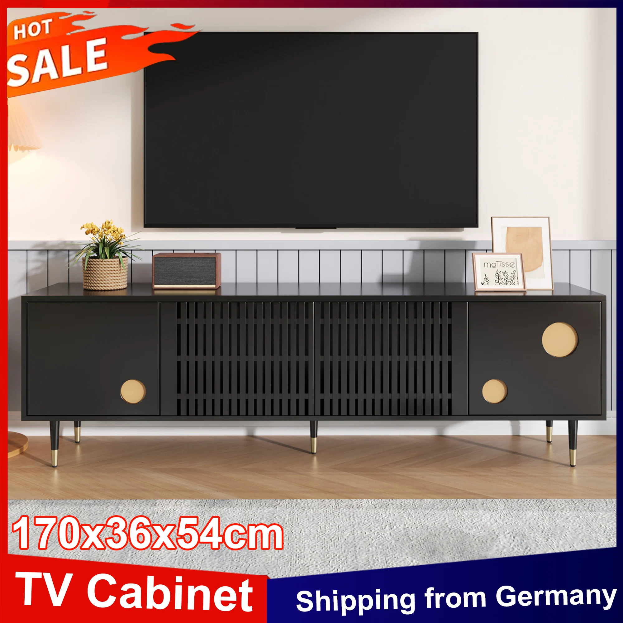 Anajqaqia 170 x 36 x 54 cm TV-Schrank mit 4 Türen, schwarzes TV-Lowboard mit Gitterstruktur, TV-Ständer für Wohnzimmer, Esszimmer