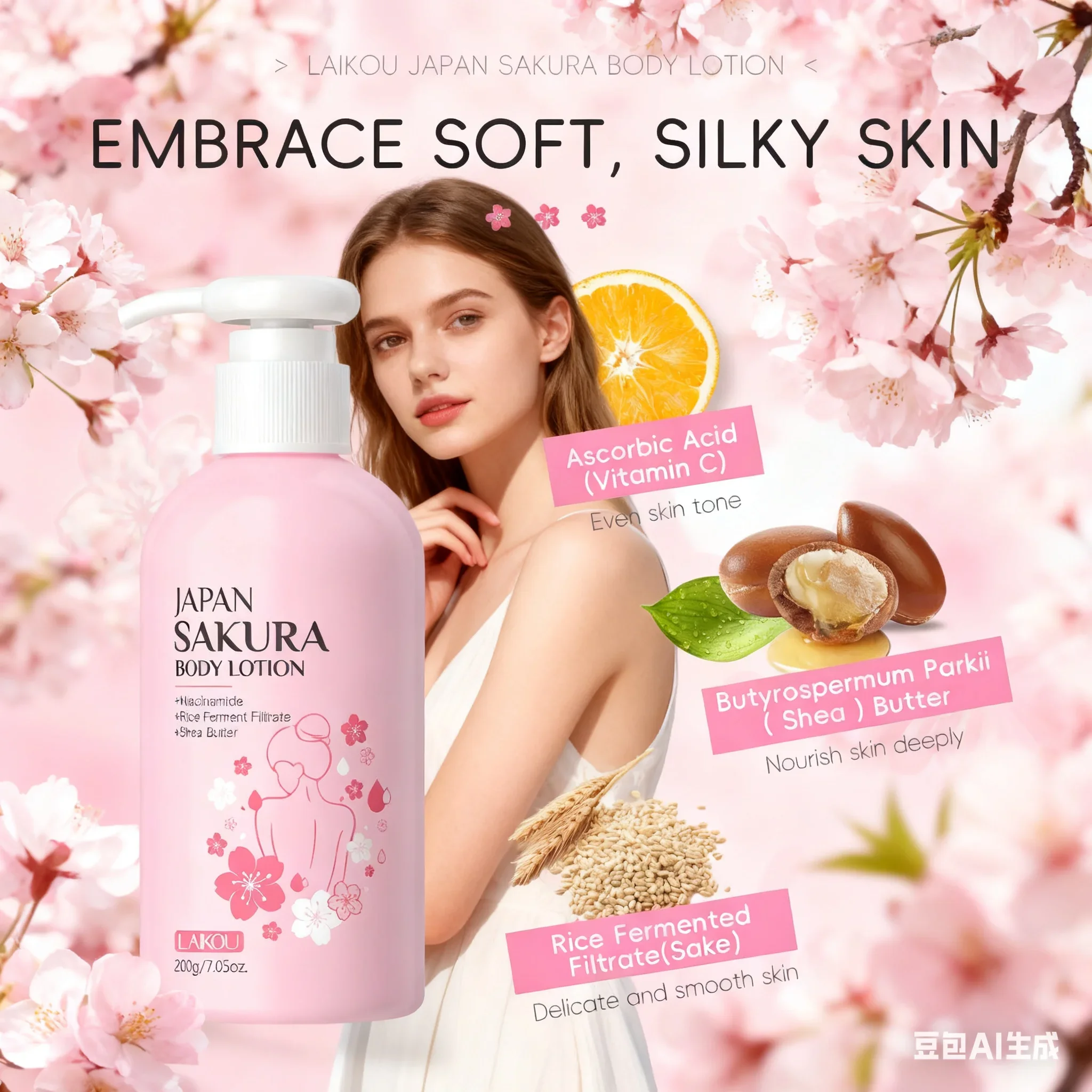 LAIKOU Sakura Body Lotion 200 g feuchtigkeitsspendend mit Duft für sanfte und glatte Haut. Tägliche feuchtigkeitsspendende Feuchtigkeitscreme Image