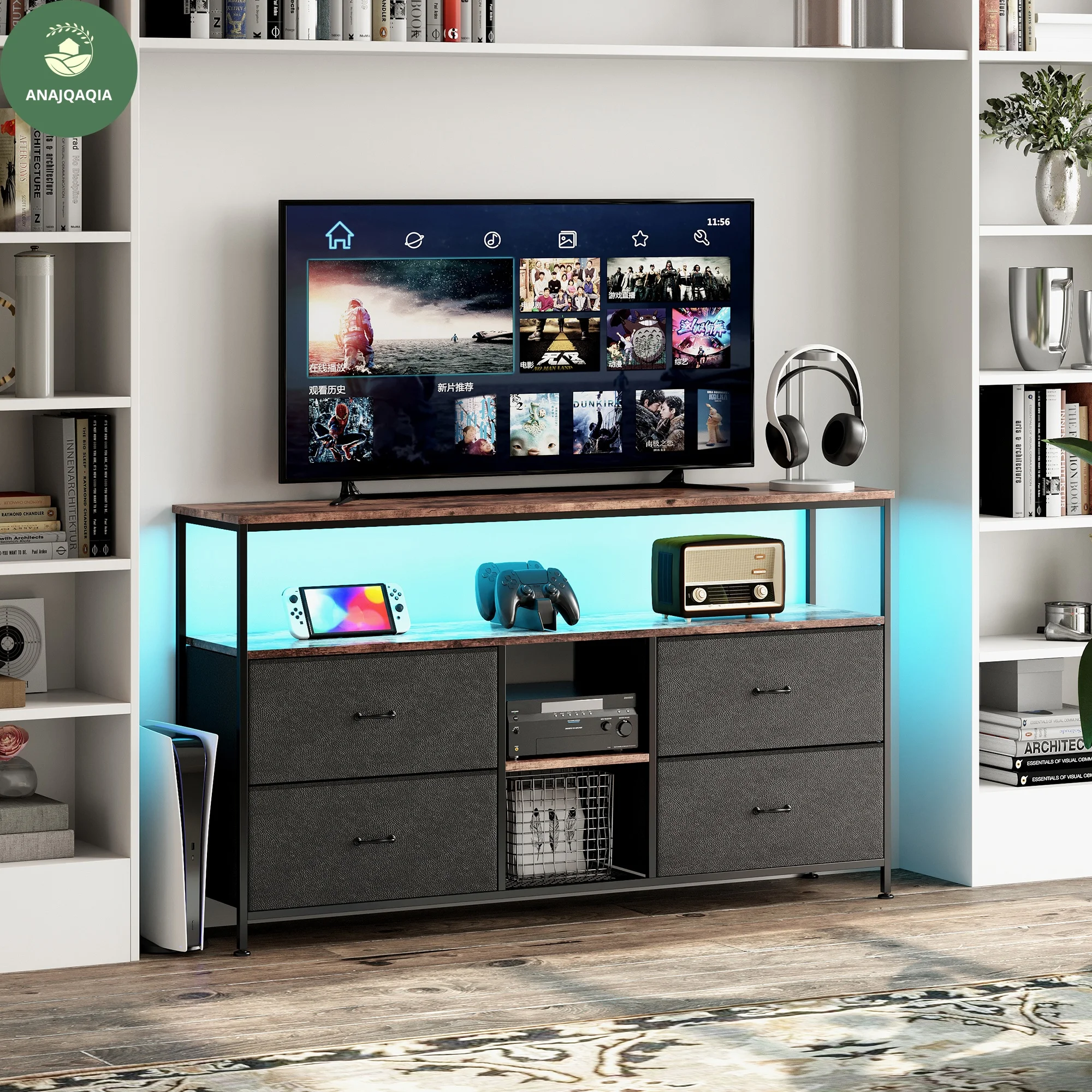 Anajqaqia 108 x 30 x 78 cm LED-Farbwechsel-TV-Schrank, mit 4 Schubladen, Wohnzimmertisch, Schrank mit Stauraum, TV-Möbel