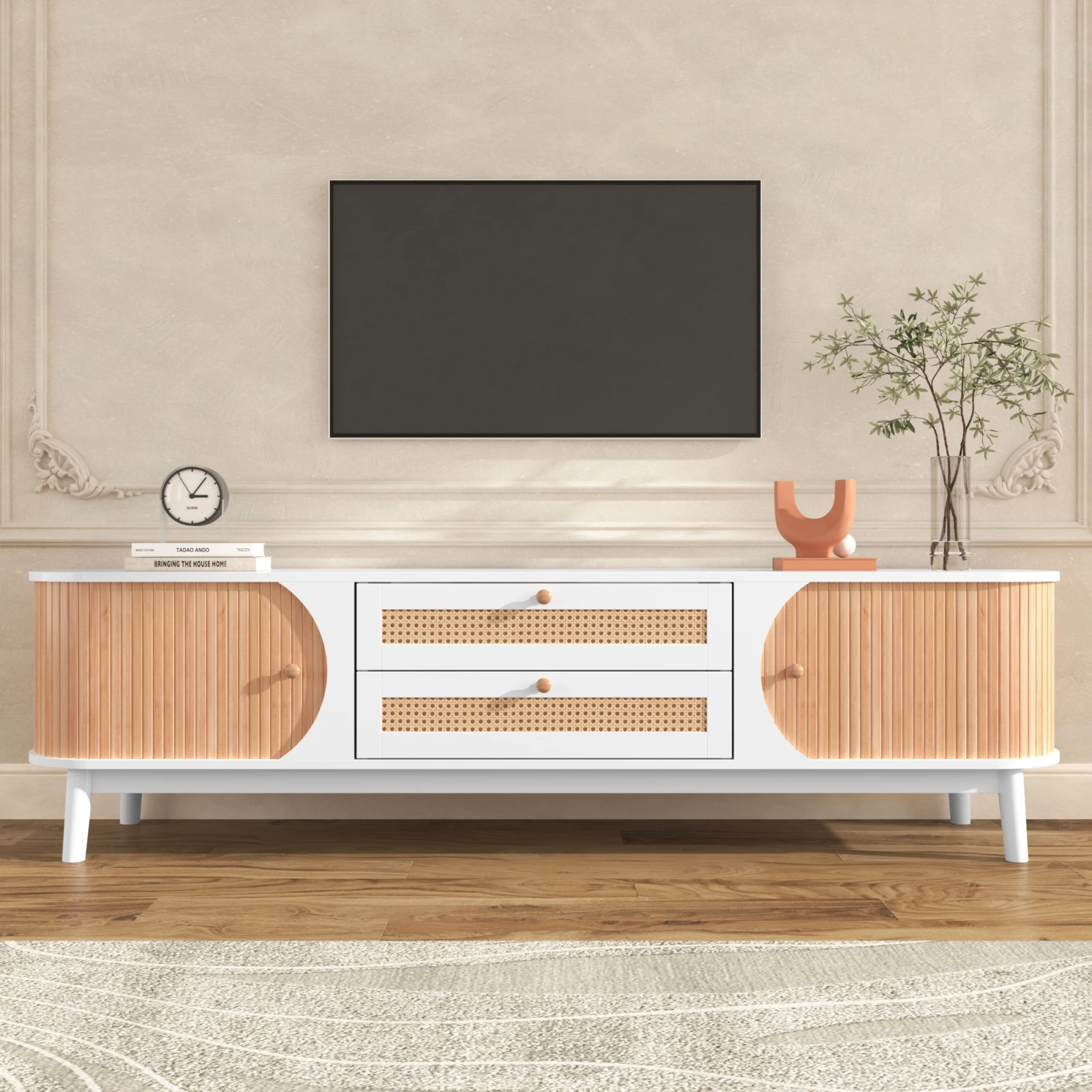 Rosahqnda TV-Schrank-Natürlicher Holz-Blend TV-Schrank mit Türen und Schubladen. TV-Ständer mit Rattanseiten,170 x 46 x 39.5 cm
