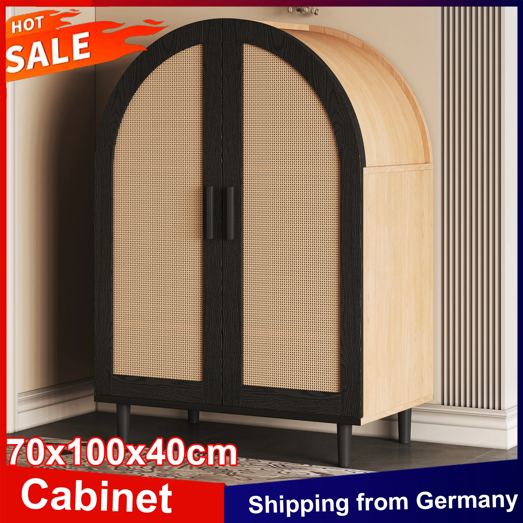 Anajqaqia Sideboard 70 x 100 x 40 cm, Schuhschrank mit 3 Regalen und abgerundetem Außenbereich, durchbrochenes Rattan mit zwei Türen, Wohnzimmerschrank