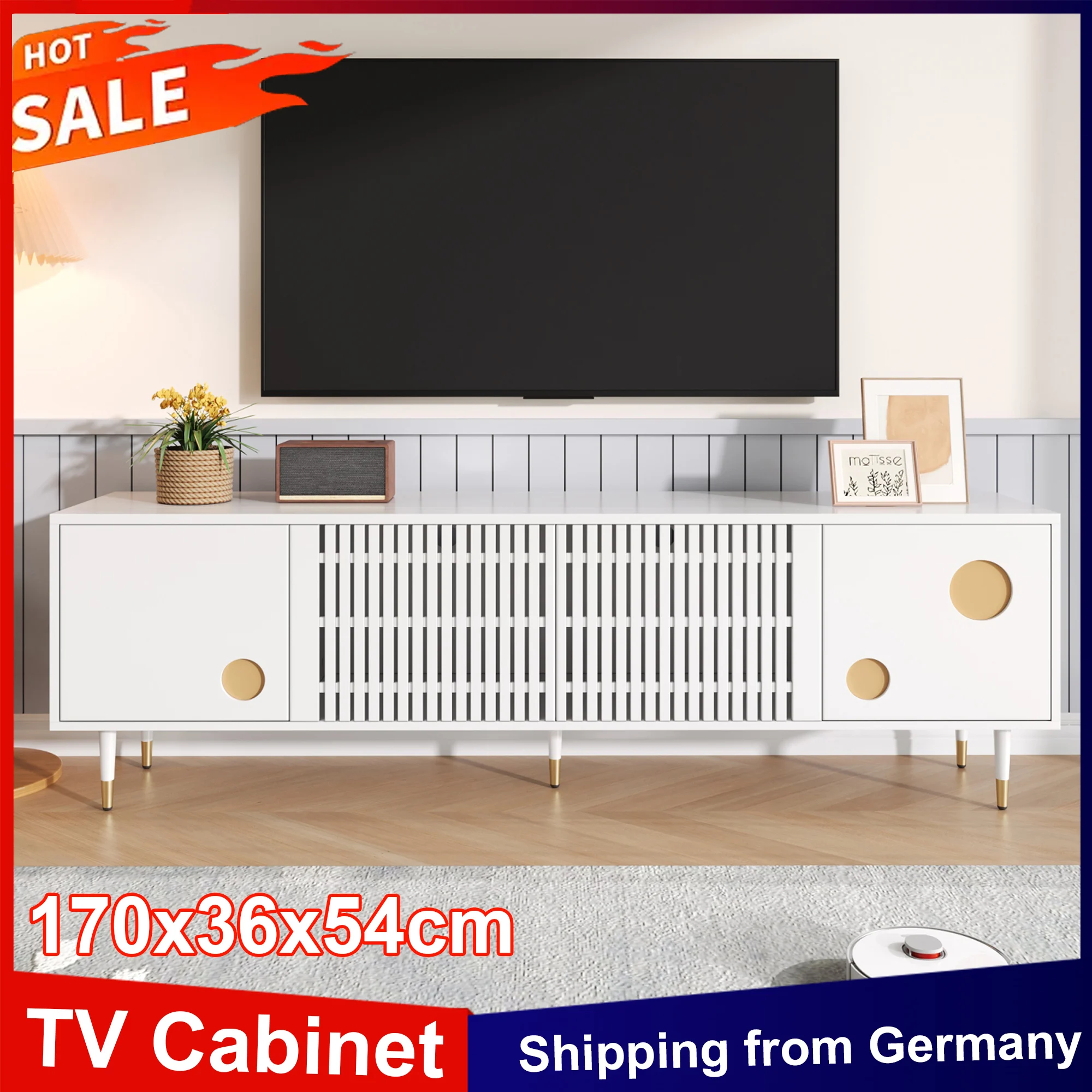 Anajqaqia 170 x 36 x 54 cm TV-Schrank, TV-Ständer mit Gitterstruktur, TV-Lowboard mit 4 Türen, TV-Platine für Wohnzimmermöbel, Weiß