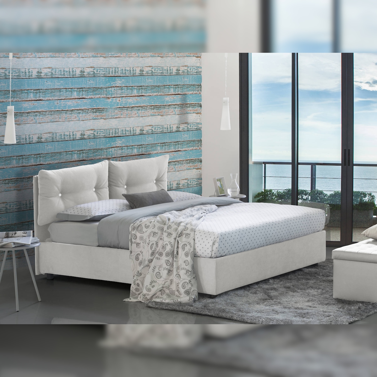 Dmora Einzelbett Daais, Bettkasten mit Stoffbezug, 100 % Made in Italy, Öffnung vorne, geeignet für Matratzen 80 x 190 cm, Weiß Image