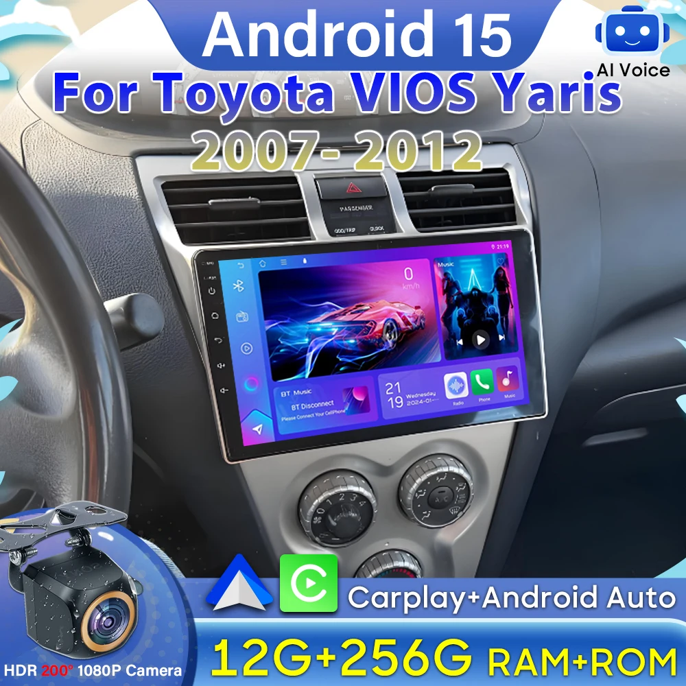 Autoradio autoradio pour Toyota VIOS Yaris 2007- 2012 Android 15 vidéo Carplay GPS lecteur multimédia No 2din DSP Autoradio BT DVD