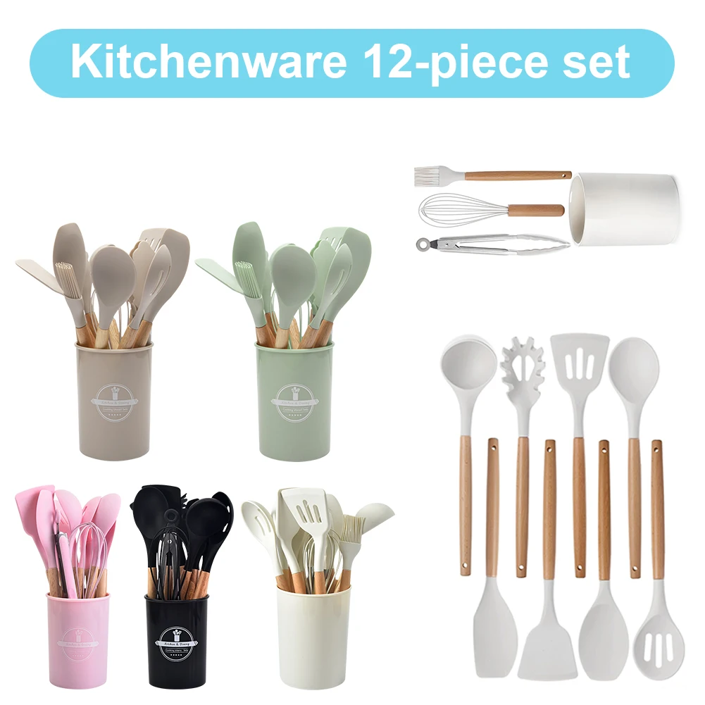Ensemble d'ustensiles de cuisine, Kit d'outils de cuisine, manche en bois, ustensiles de cuisine résistants à la chaleur avec support, ensemble de spatules antiadhésives pour la cuisine 12 pièces