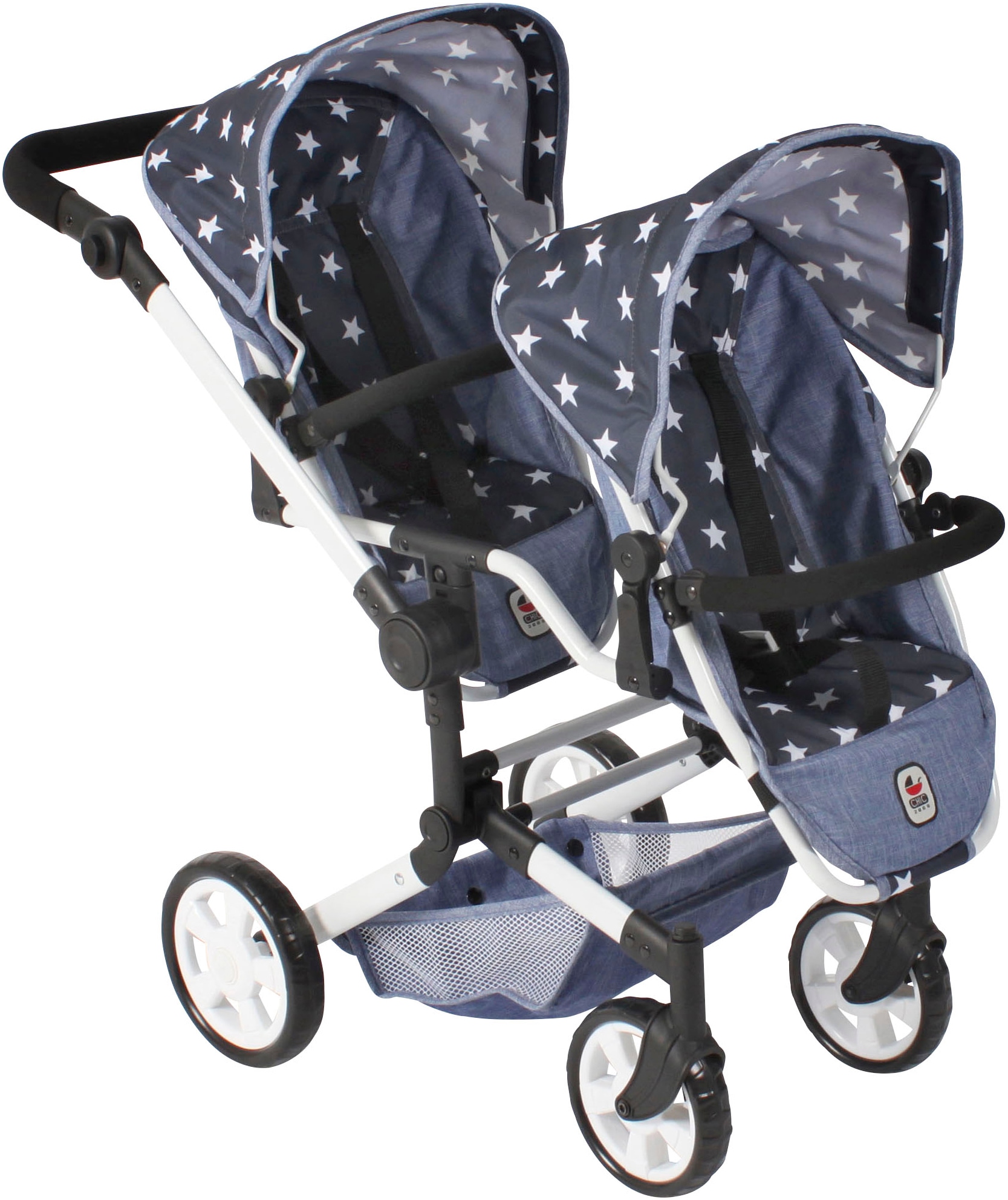 Puppen-Zwillingsbuggy CHIC2000 "Linus Duo", blau (sternchen blau), Puppenwagen, KinderB:80cm H:79cm T:80cm, Kunststoff, Polyester, Stahl, mit zwei abnehmbaren, bis in Liegeposition verstellbaren Sportsitzen, B:80cm H:79cm T:80cm