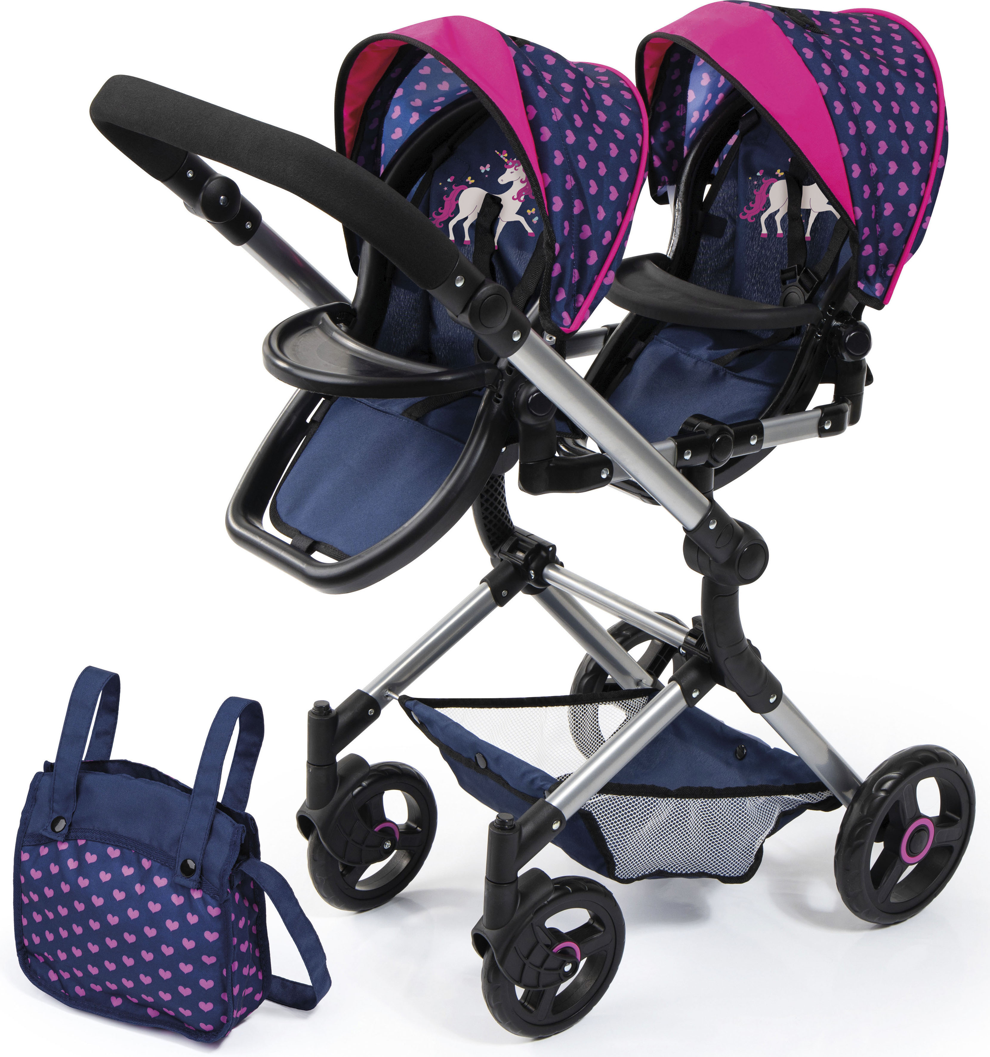 Puppen-Zwillingsbuggy BAYER "Twin Neo", bunt (einhorn blau, pink), Puppenwagen, KinderB:41,5cm H:81cm T:81,5cm, Kunststoff, Metall, Stoff, mit Wickeltasche, B:41,5cm H:81cm T:81,5cm