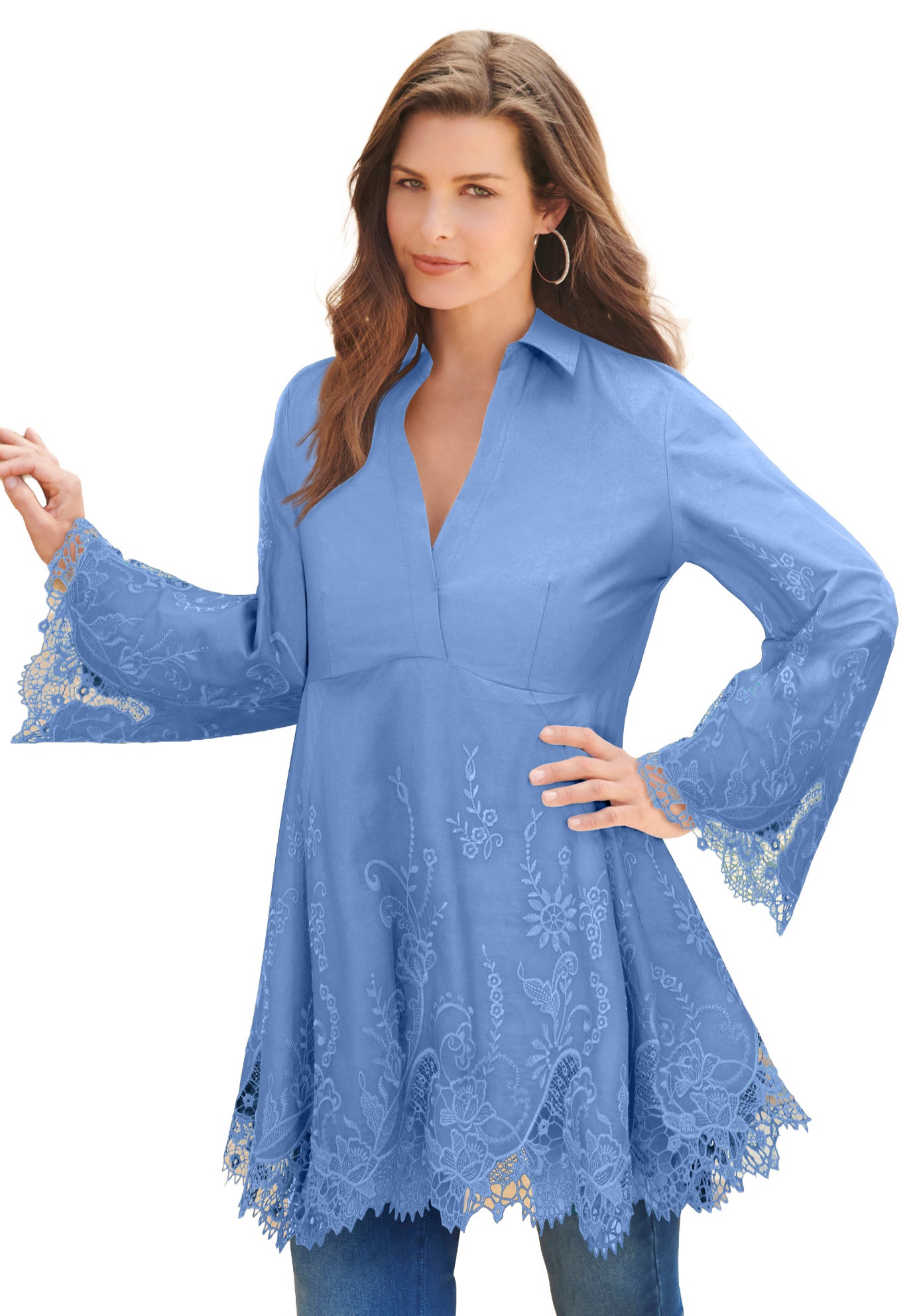 Plus Size Women's Poplin Embroidered Swing Tunic by Roaman's in French Blue (Size 30 W) Long Shirt Blouse