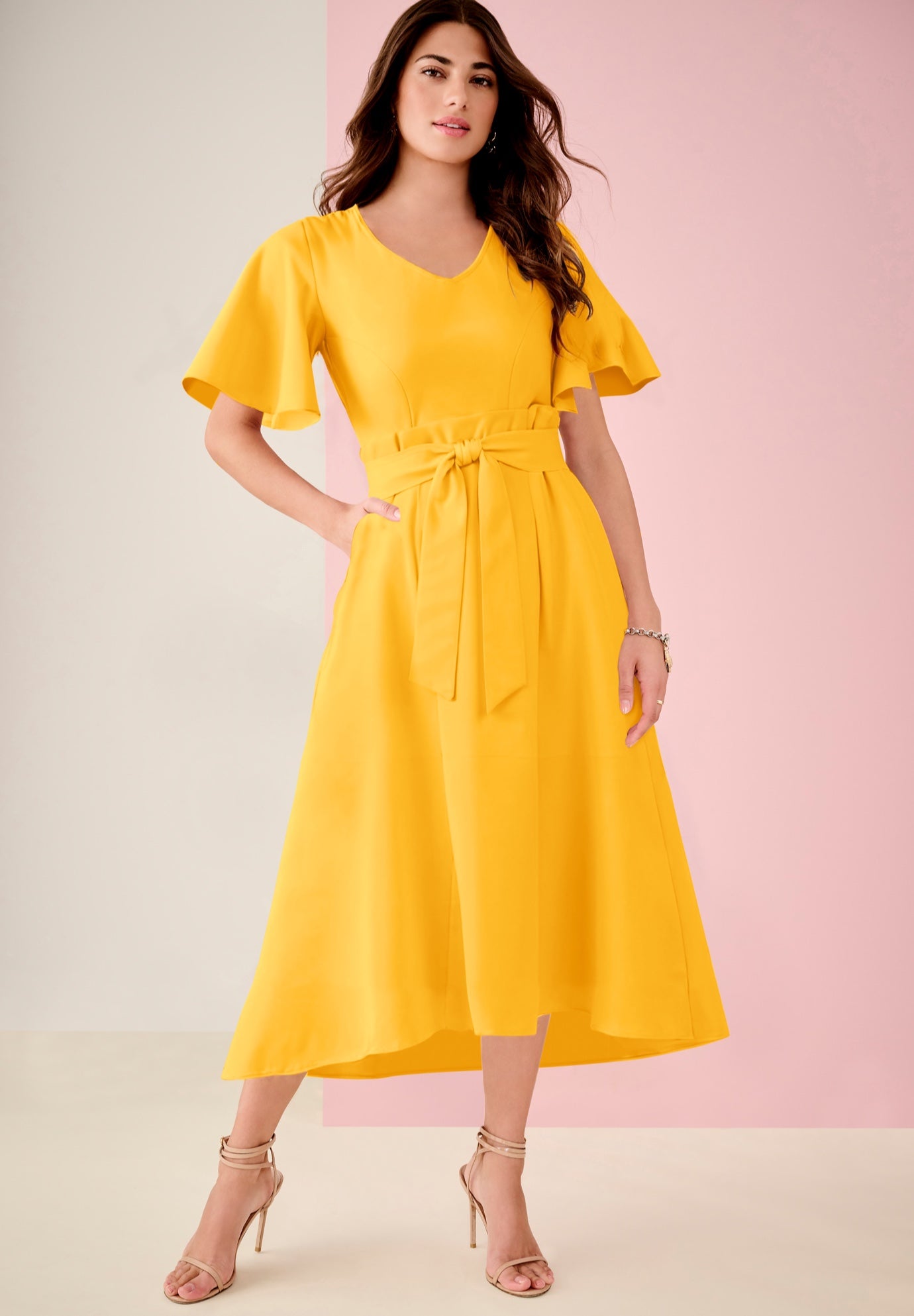 Plus Size Women's Plus Size Flutter Sleeve V-Neck Fit and Flare Bi-stretch Maxi Dress by Roaman's in Sunset Yellow (Size 32 W)