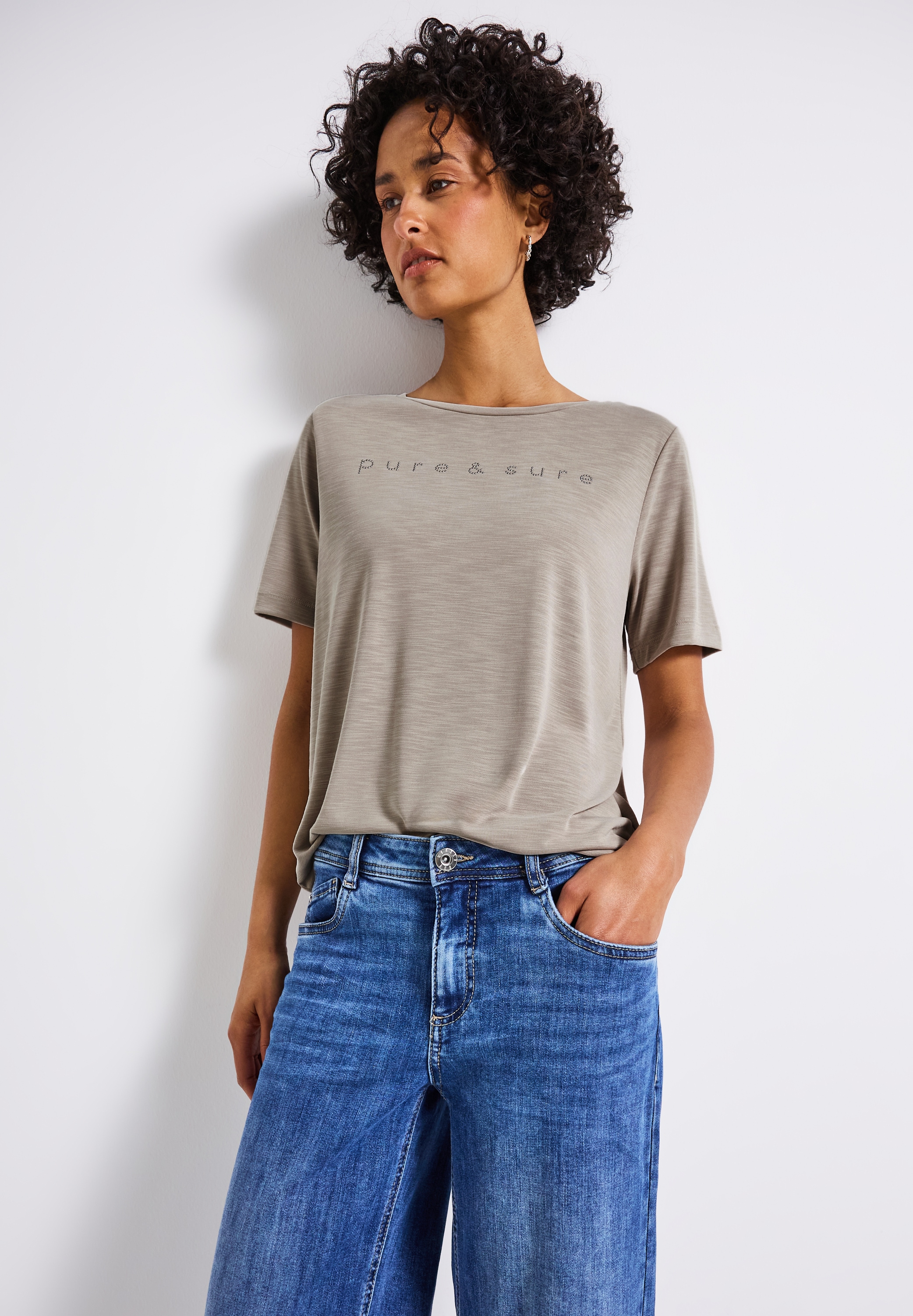 T-Shirt STREET ONE, Damen, Gr. 40, beige (morning beige), Stoff, 70% Modal, 30% Polyester, unifarben, normal normal, Rundhals, abgesteppt, Shirts T-Shirt, mit Wording