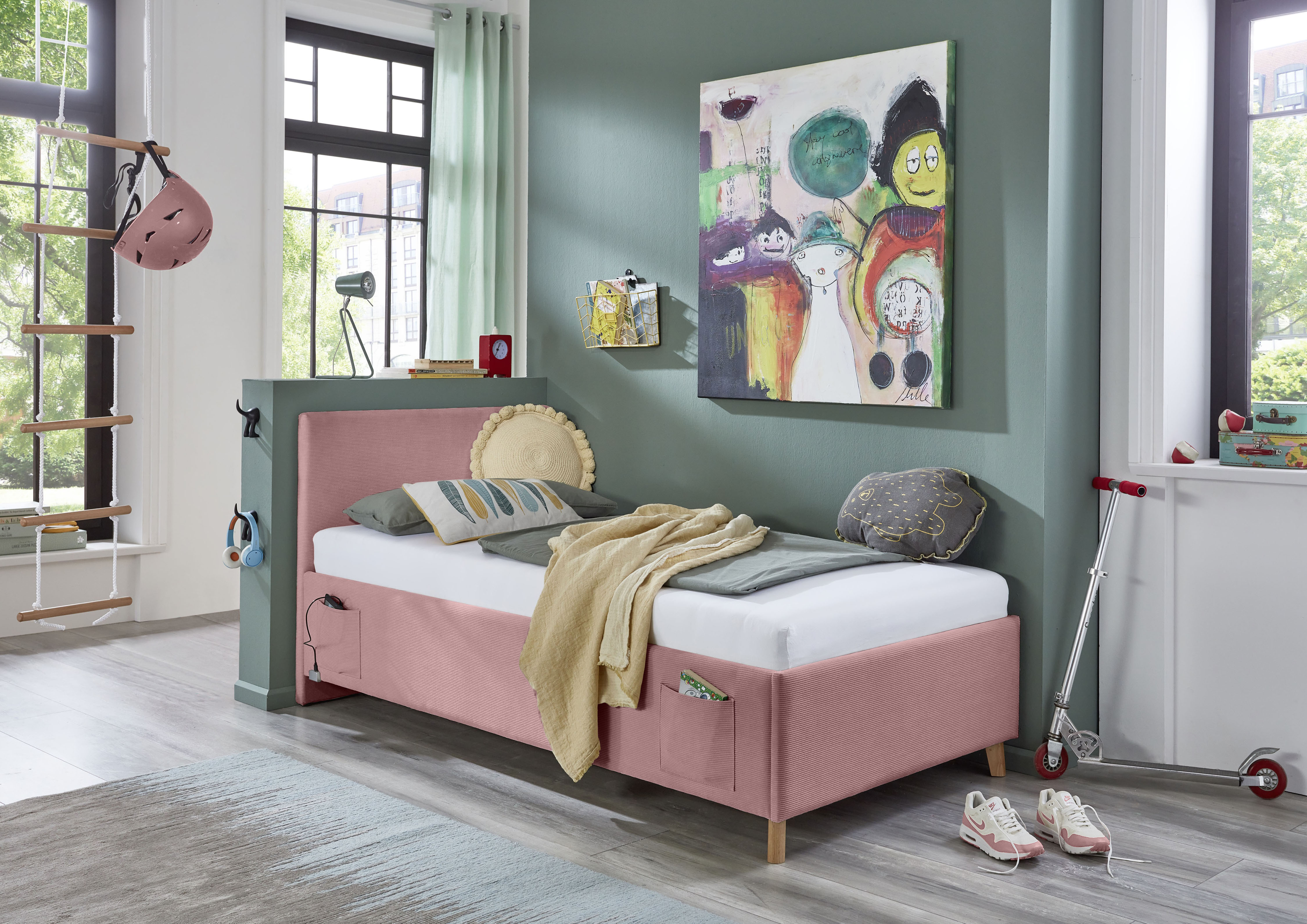 Kinderbett MEISE.MÖBEL "COOL", rosa (rose, rose), B:130cm L:210cm, Betten, Kinderbett, Polsterbett wahlweise mit Bettkasten, Jugendbett inkl. USB-Anschluss