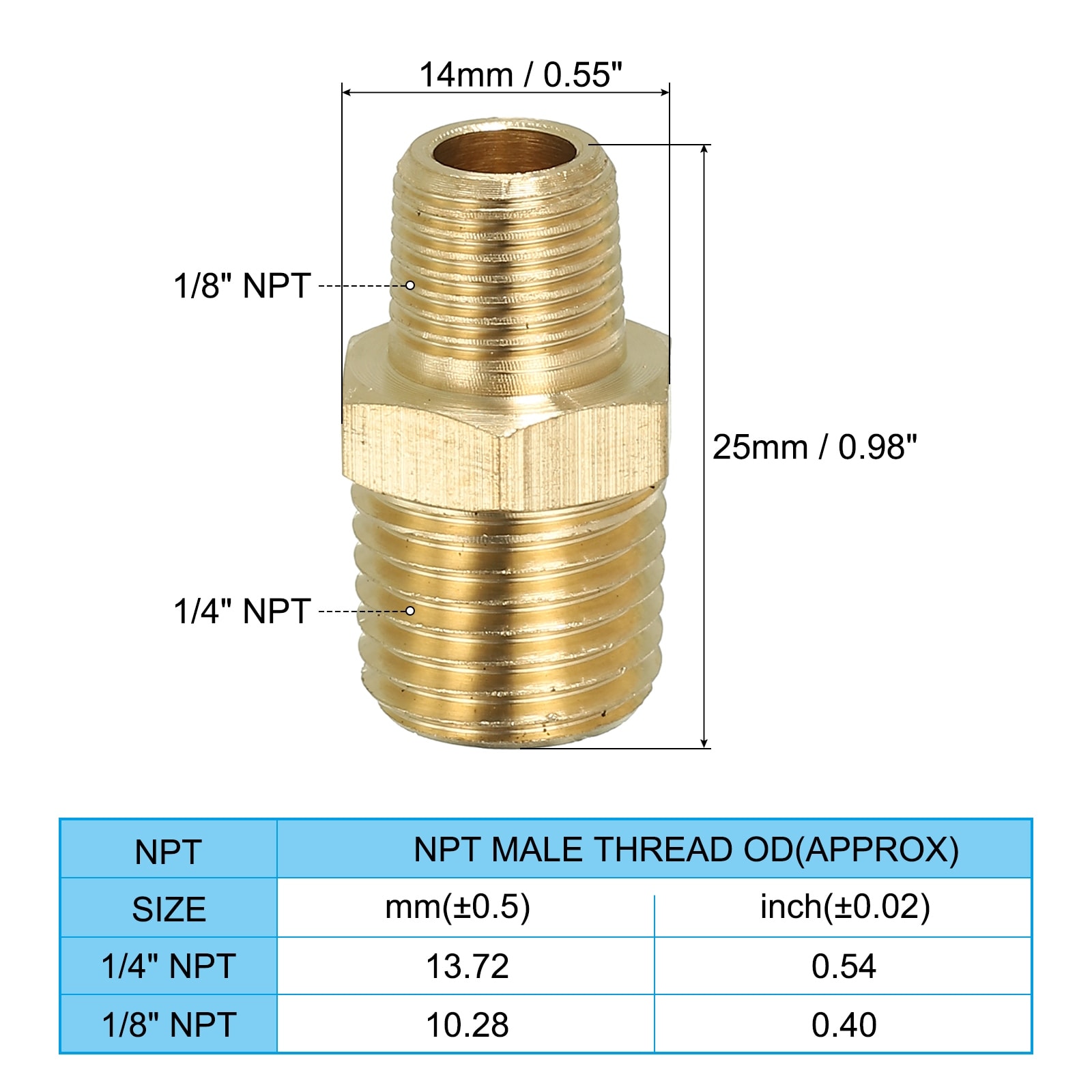 Solid Brass Hex Nipple Pipe Fitting Thread Adapter, NPT x NPT Male Water Line Connectors Couplings - Yellow