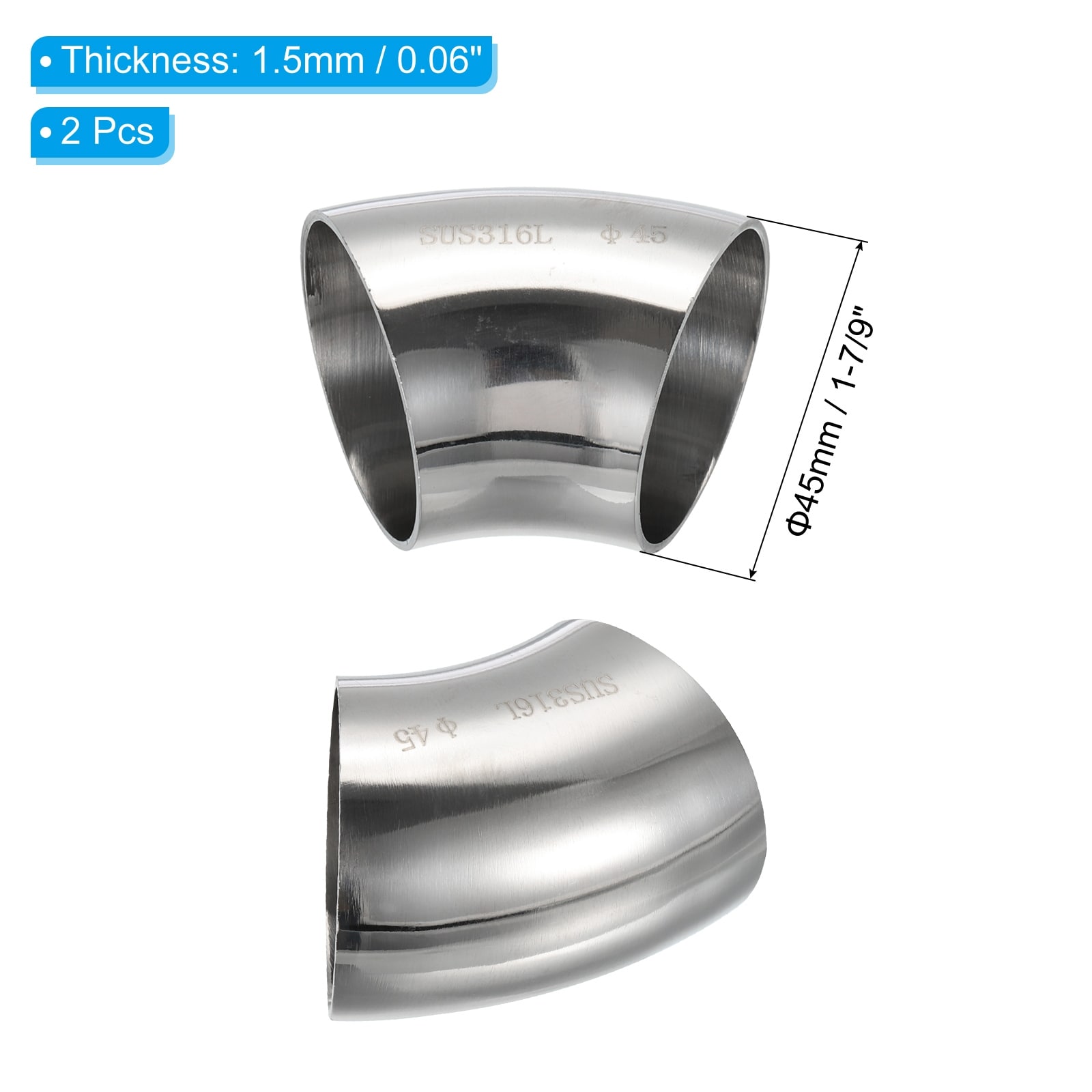 45 Degree Mandrel Bend Elbow, Exhaust Elbow Exhaust Piping Connector 316 Stainless Steel for Exhaust Pipe Stair HVAC - Silver