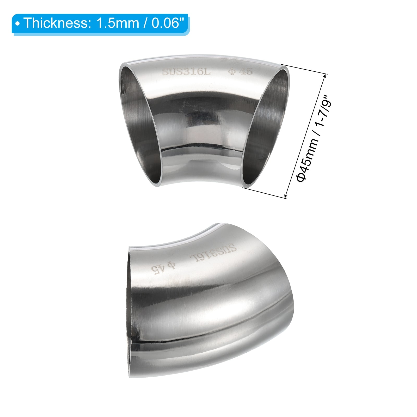45 Degree Mandrel Bend Elbow, Exhaust Elbow Exhaust Piping Connector 316 Stainless Steel for Exhaust Pipe Stair HVAC - Silver