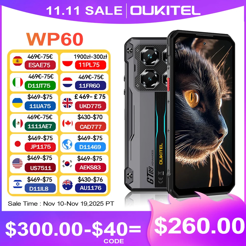 OUKITEL WP60 Rugged Phone 48GB(16+32) +512GB MTK 7025 Call Phone 7.2” HD+ Display 120Hz 10000mAh Smartphone 5G Android 15 NFC