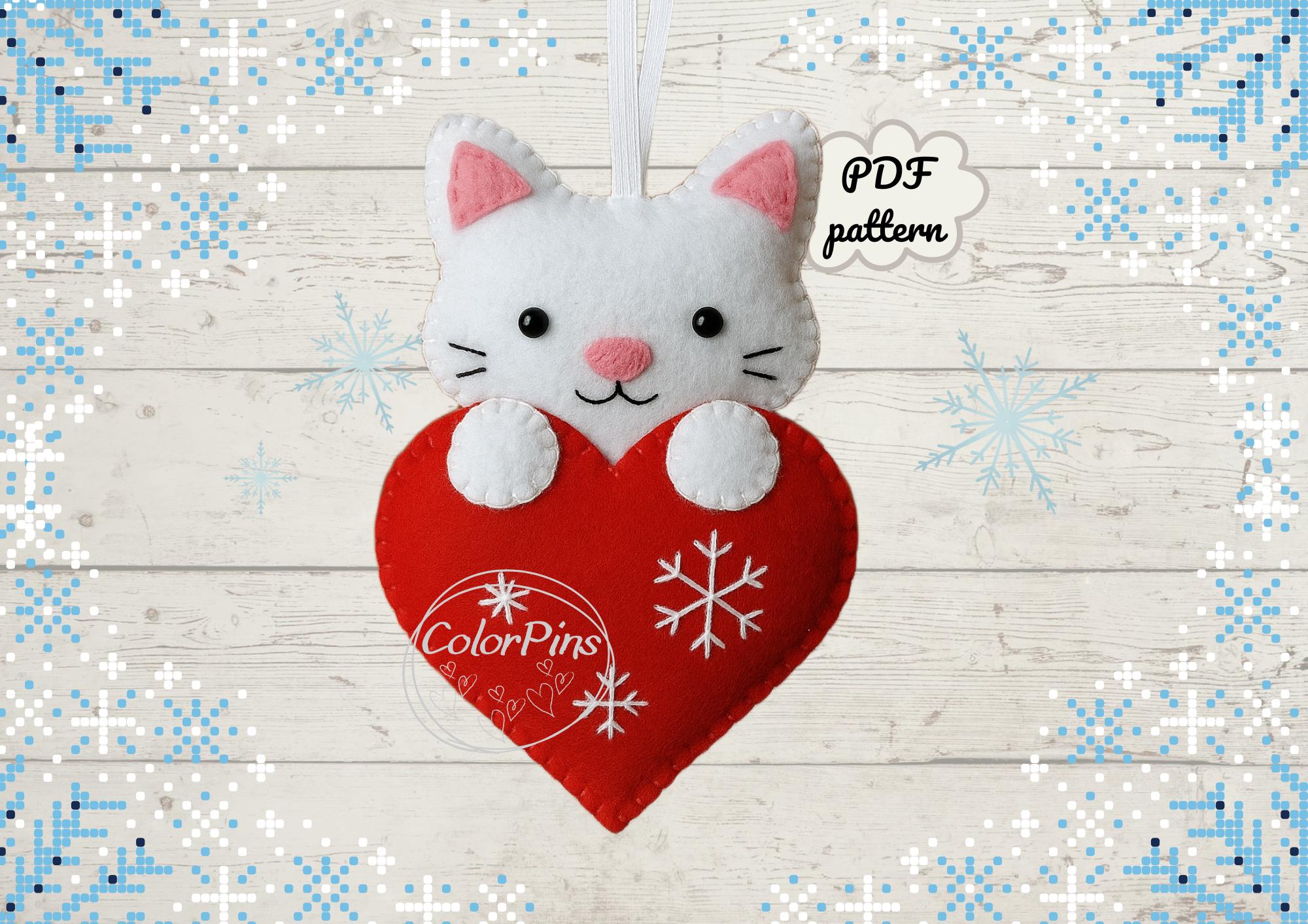 Gatto in feltro a forma di cuore. Modello PDF. Crea un grazioso e semplice gatto in feltro utilizzando tecniche di cucito di base. Perfetto per i prin