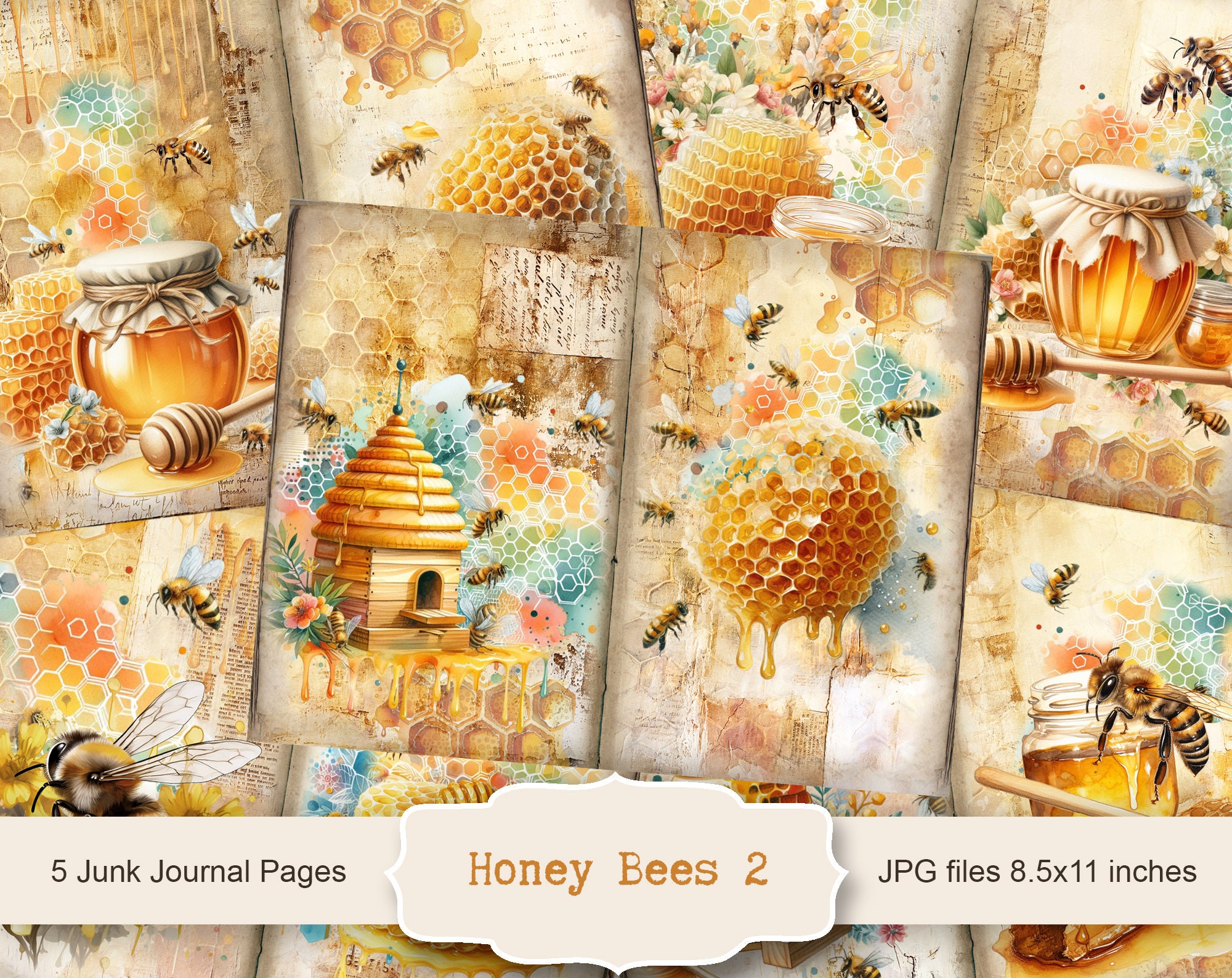 Honey Bees 2 Junk Journal Pages, Kit Vintage Bee Junk Journal, Carta Junk Journal, Foglio Collage Digitale, Download Istantaneo