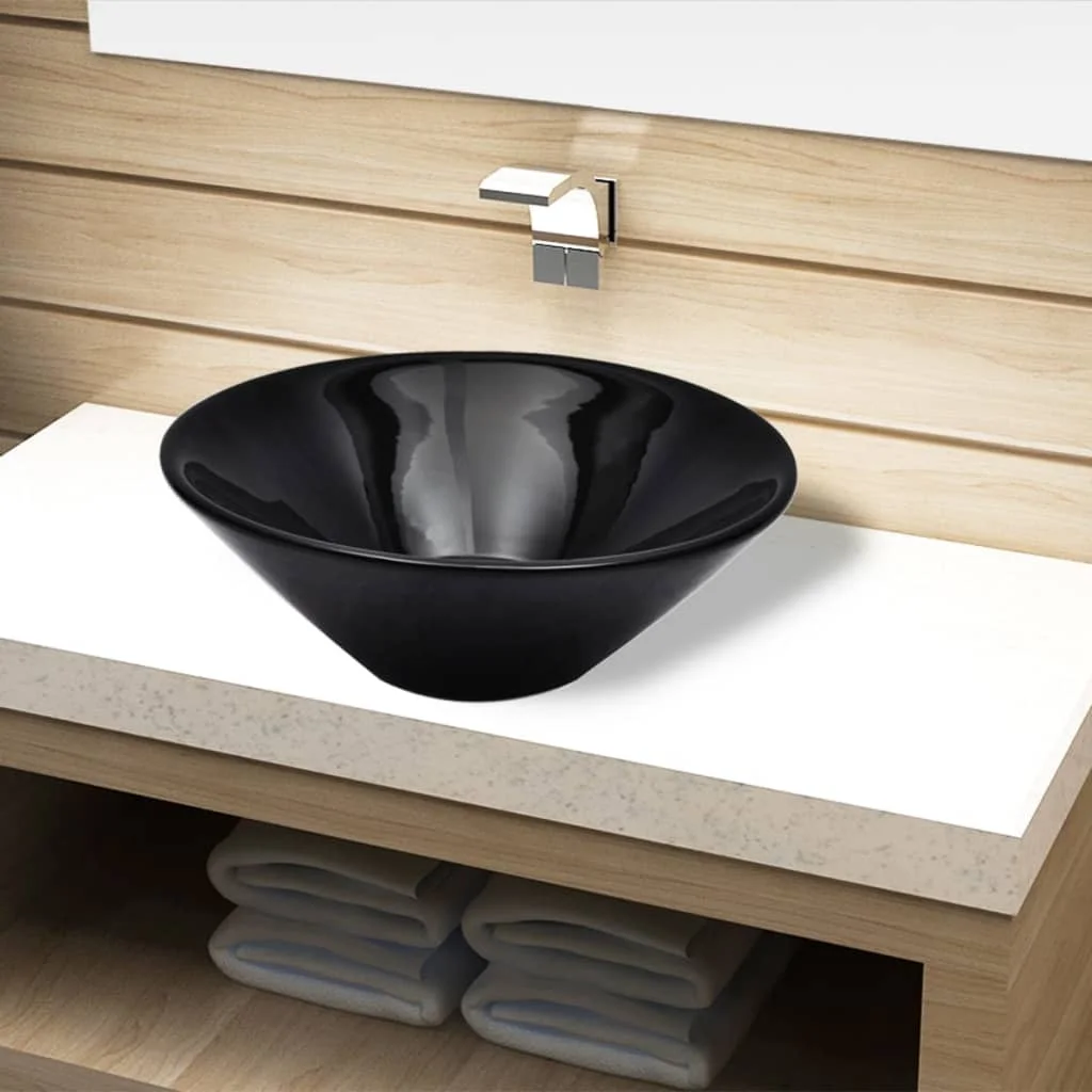 Lavabo rond en céramique noire pour salle de bain, salles de bains et cuisines, articles décoratifs, quincaillerie de salle de bain