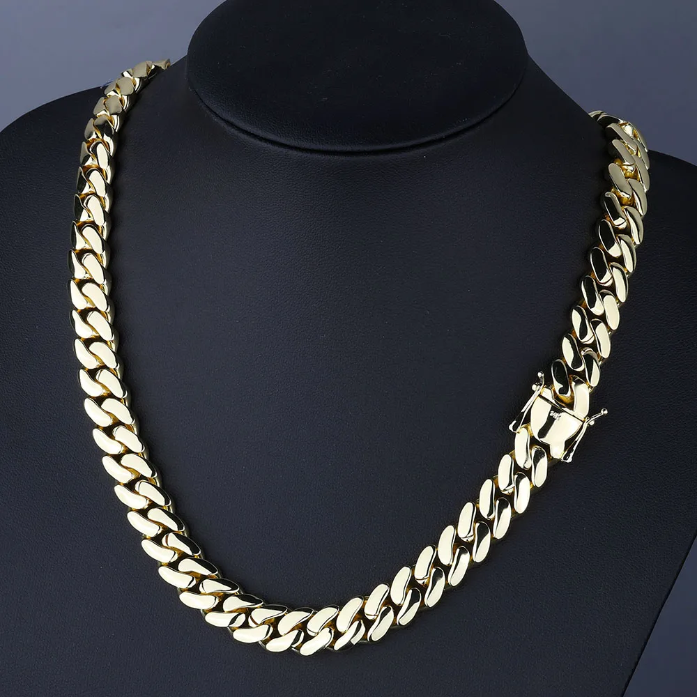 12MM Messing Halsband 14K massiv vergoldet Miami Cuban Link Kette Halskette Männer Frauen Hip Hop Monaco Schmuck mit tiefem Schnitzerei 14k Image