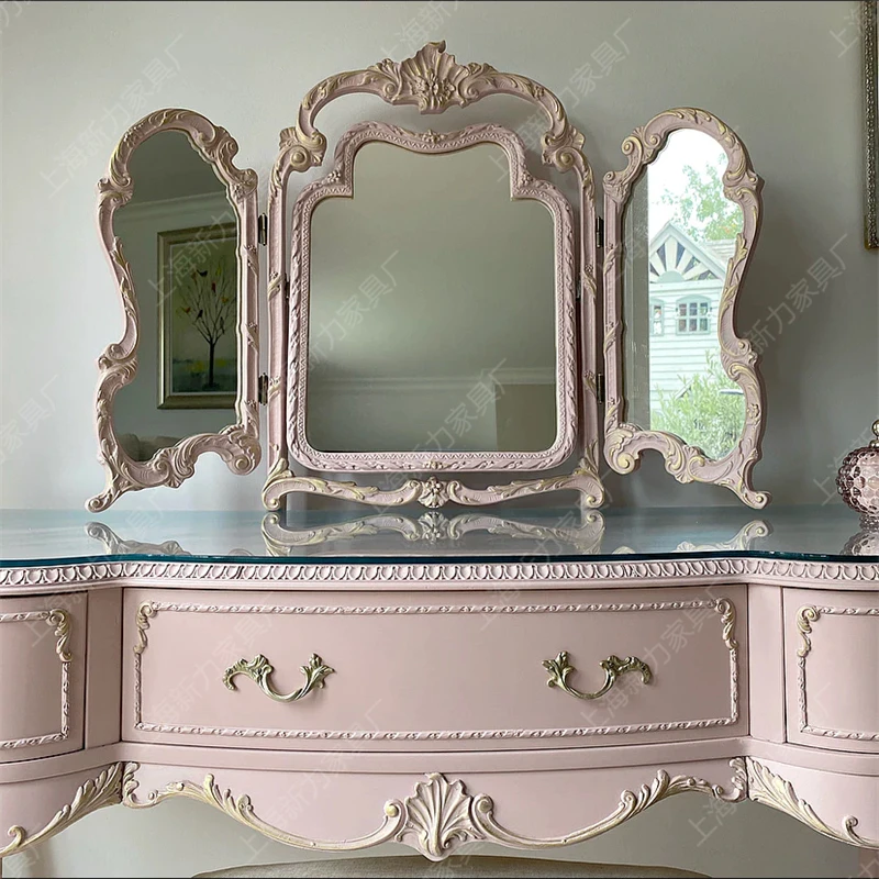 Französische Retro-Kommode in altem Rosa, nordische europäische Massivholz-Schnitzerei, Blumen-Schminktisch, Make-up-Hocker, Glaskombination