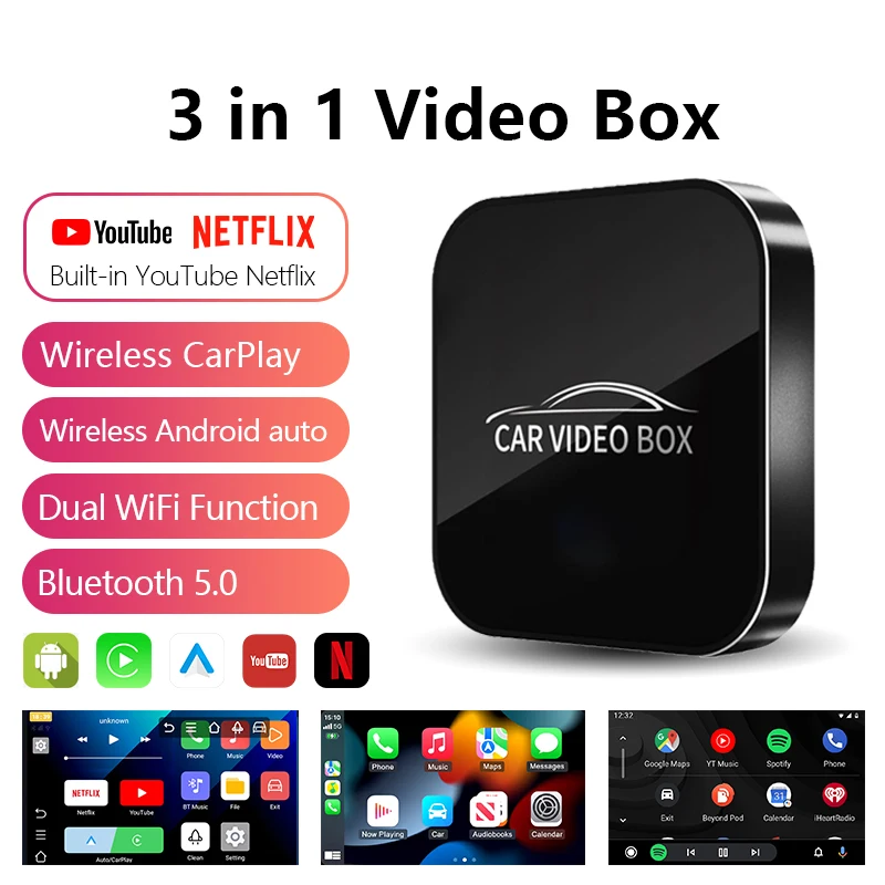 Drahtlose CarPlay Android Auto Netflix YouTube Video Box 2 in 1 AI Box USB Auto Play Adapter Universal Plug Play CarPlay Wireless Image