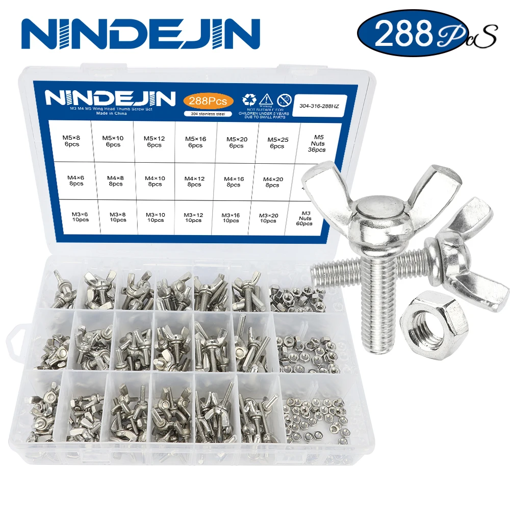 NINDEJIN 288 teile/satz flügel schraube bolzen und mutter set edelstahl m3 m4 m5 schmetterling schraube set flügel-kopf rändelschraube kit DIN316 Image