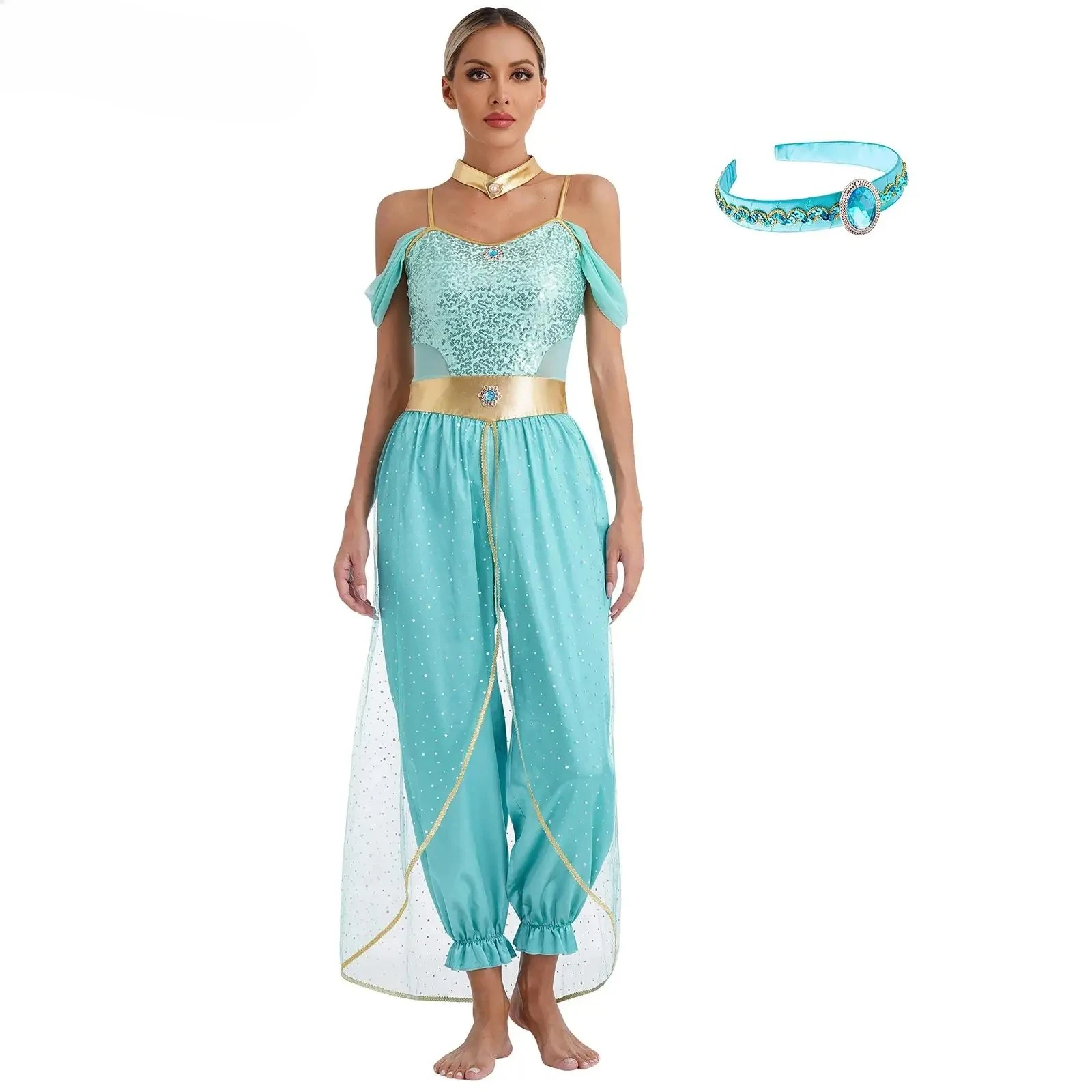 Arabische Prinzessin-Kostüme für Damen, Halloween, Karneval, Aladin-Thema-Outfit, Pailletten-Tüll-Strampler, Bauchtanz-Overall Image
