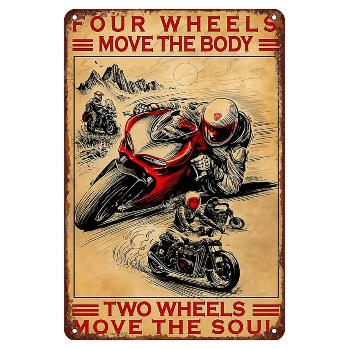Retro-Wandkunst: „Two Wheels MoveThe Soul“-Schild mit verwittertem Finish, ideal für Café-Innenräume, Heimdekoration und unvergessliche Biker-Geschenke Image