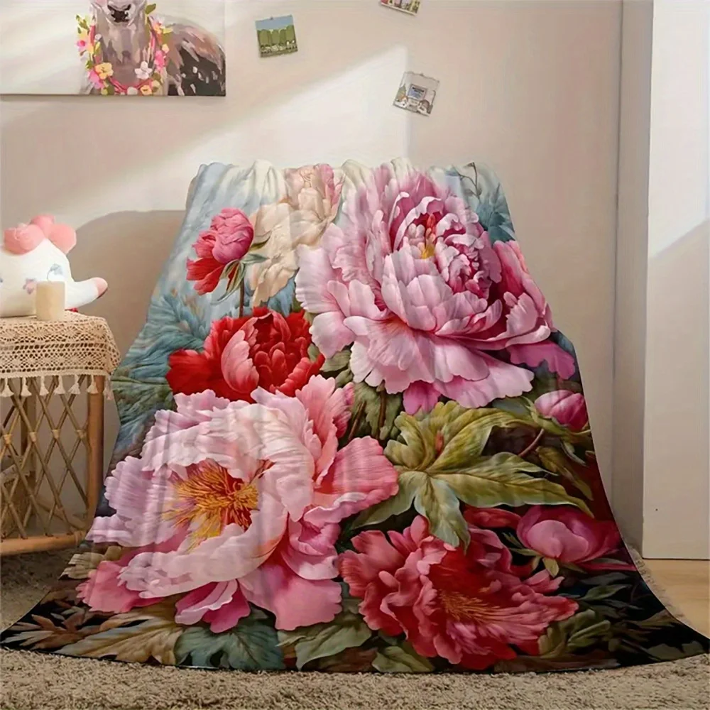 Überwurfdecke mit Vintage-Blumenmuster, weich, gemütlich, leicht, Flanelldecken, lebendige Blumen, ganzjähriger Komfort für Zuhause, Camping, Picknick Image