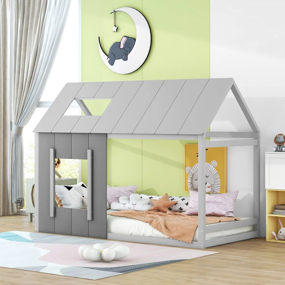 90 x 200 cm großes Kinderbett, in Hausform, Einzelbett mit Dach und Fenster, Dunkelgrau + Hellgrau, geeignet für Kinderzimmer Image