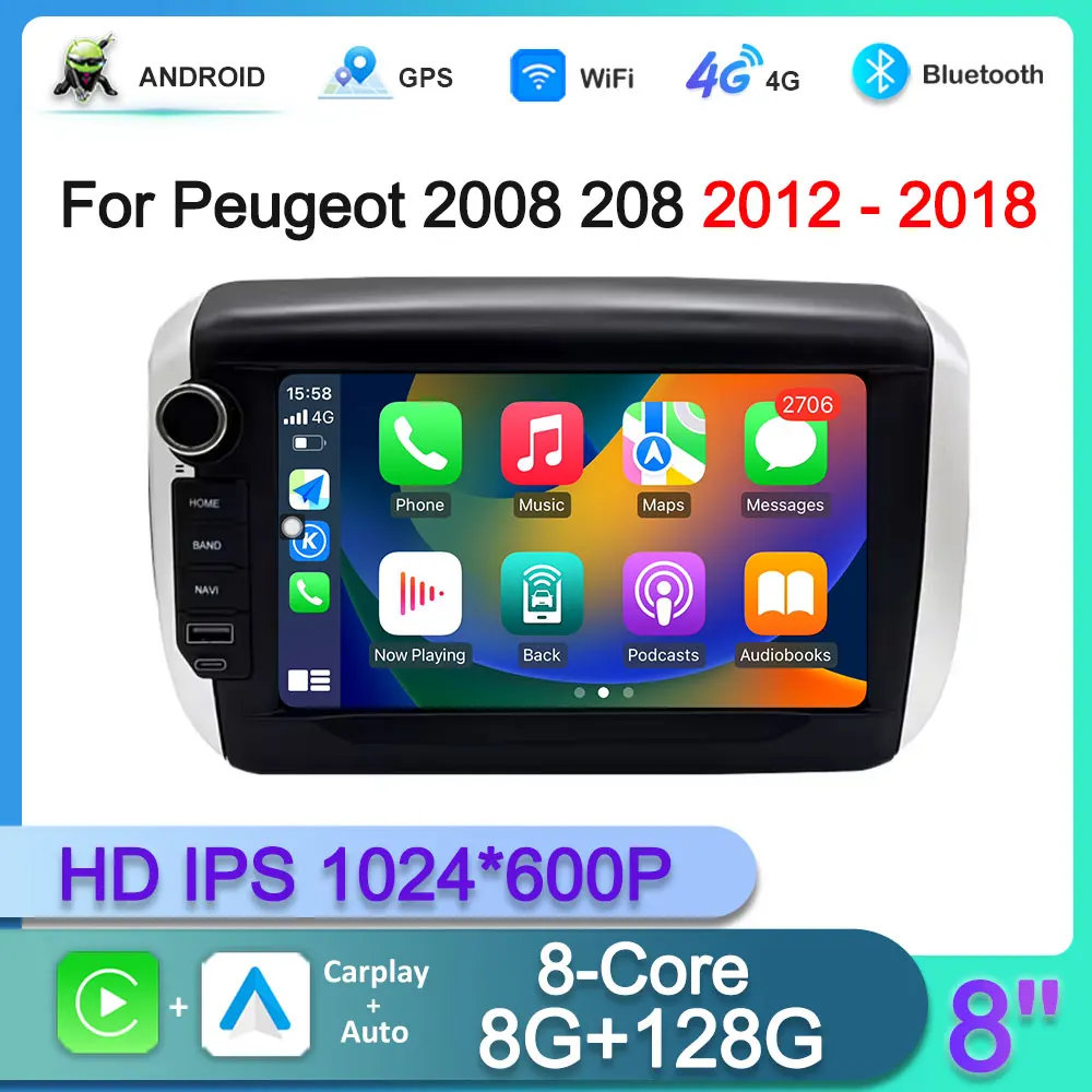 8 zoll Für Peugeot 2008 208 2012 - 2018 Auto Radio Multimedia Video Player Navigation GPS Navigation Auto Carplay IPS 1024*600P