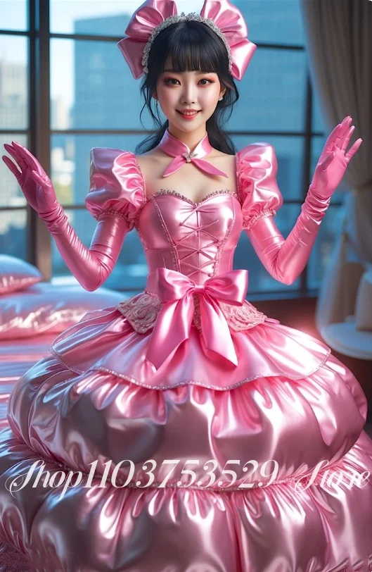 Maßgeschneidertes rosa Gothic-Abendkleid, lasergeschnittener, schimmernder Stoff, schulterfreies Korsett, viktorianisches Ballkleid, gestufter, bauschiger Rock