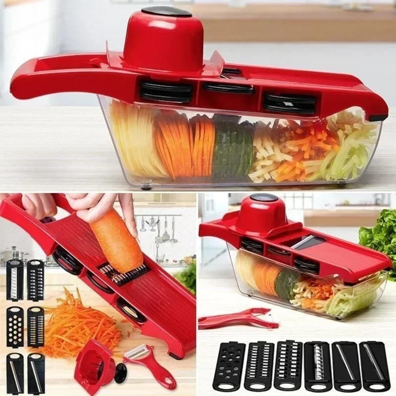 9-in-1-Multifunktions-Gemüseschneider, Schneider, Zerkleinerer, Slicer mit Korb, Obst, Kartoffelhacker, Karottenreibe, Küchenhelfer Image