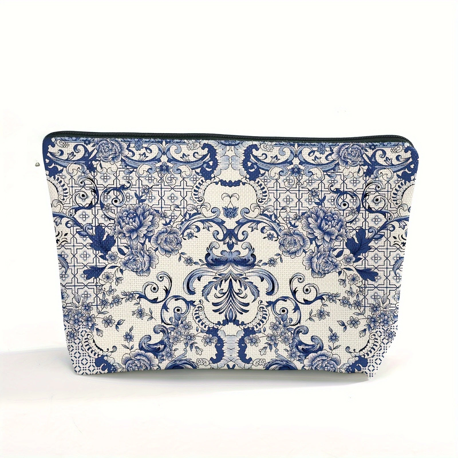 Blaue und weiße Damen-Kosmetiktasche aus Porzellan, Vintage-Stil, blaues Blumenmuster, großes Fassungsvermögen, tragbare Reise-Kosmetiktasche, Kulturbeutel