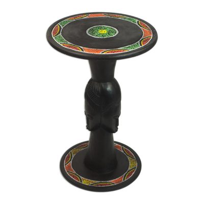 Three Faces,'Handcrafted Sese Wood Accent Table with Recycled Beads'