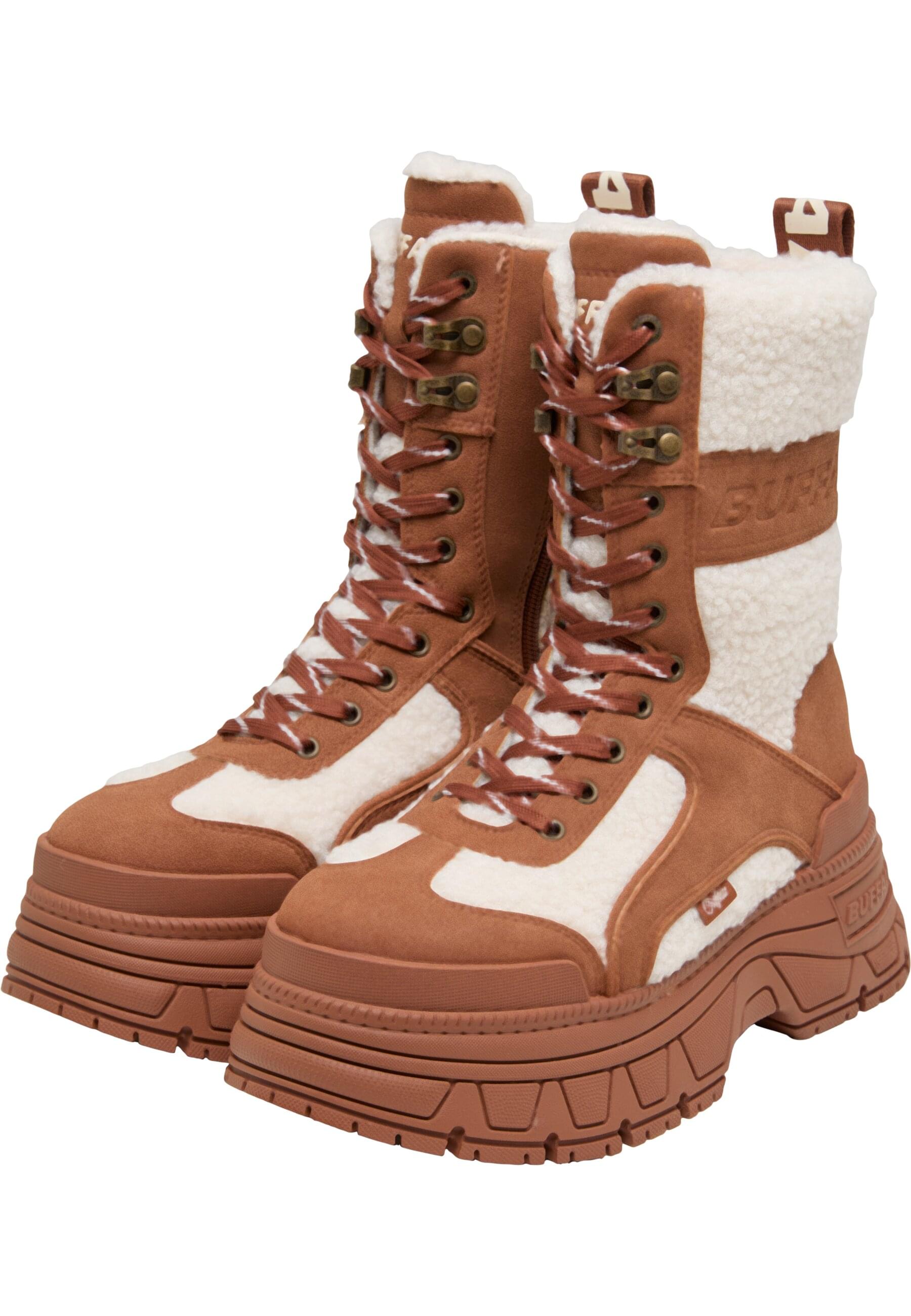 Stiefel BUFFALO "Buffalo FUSION COM HI WARM - VEGAN NUBUCK/FUR", Damen, Gr. 40, cognac, cream, Polyurethan, unifarben, Schuhe Stiefel