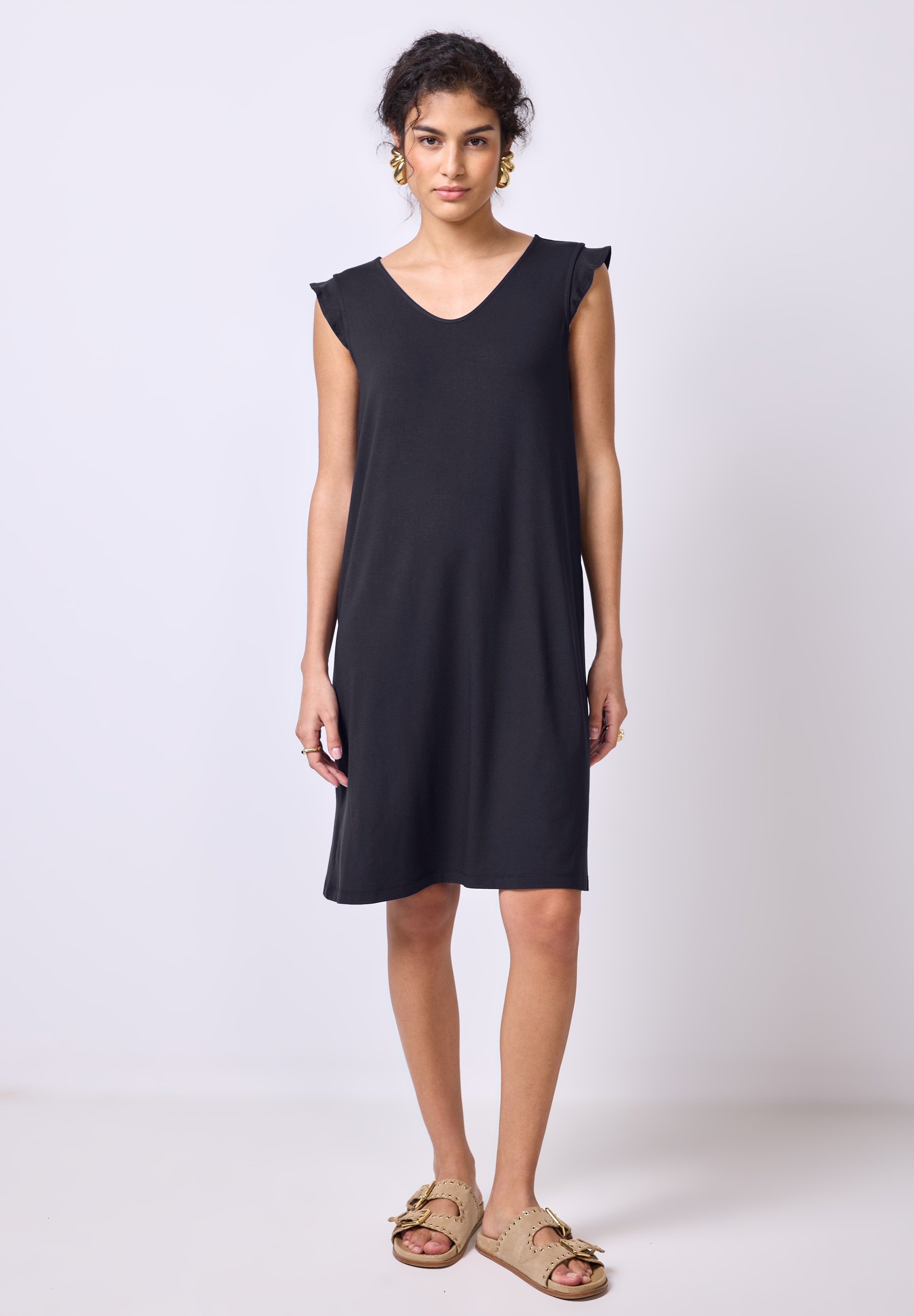 Jerseykleid STREET ONE STUDIO, Damen, Gr. 46, EURO-Größen, blau (schwarz void blau), Jersey, 95% Viskose, 5% Elasthan, unifarben, regular fit knieumspielend, V-Ausschnitt, Rüschen, Kleider Jerseykleid, knielang