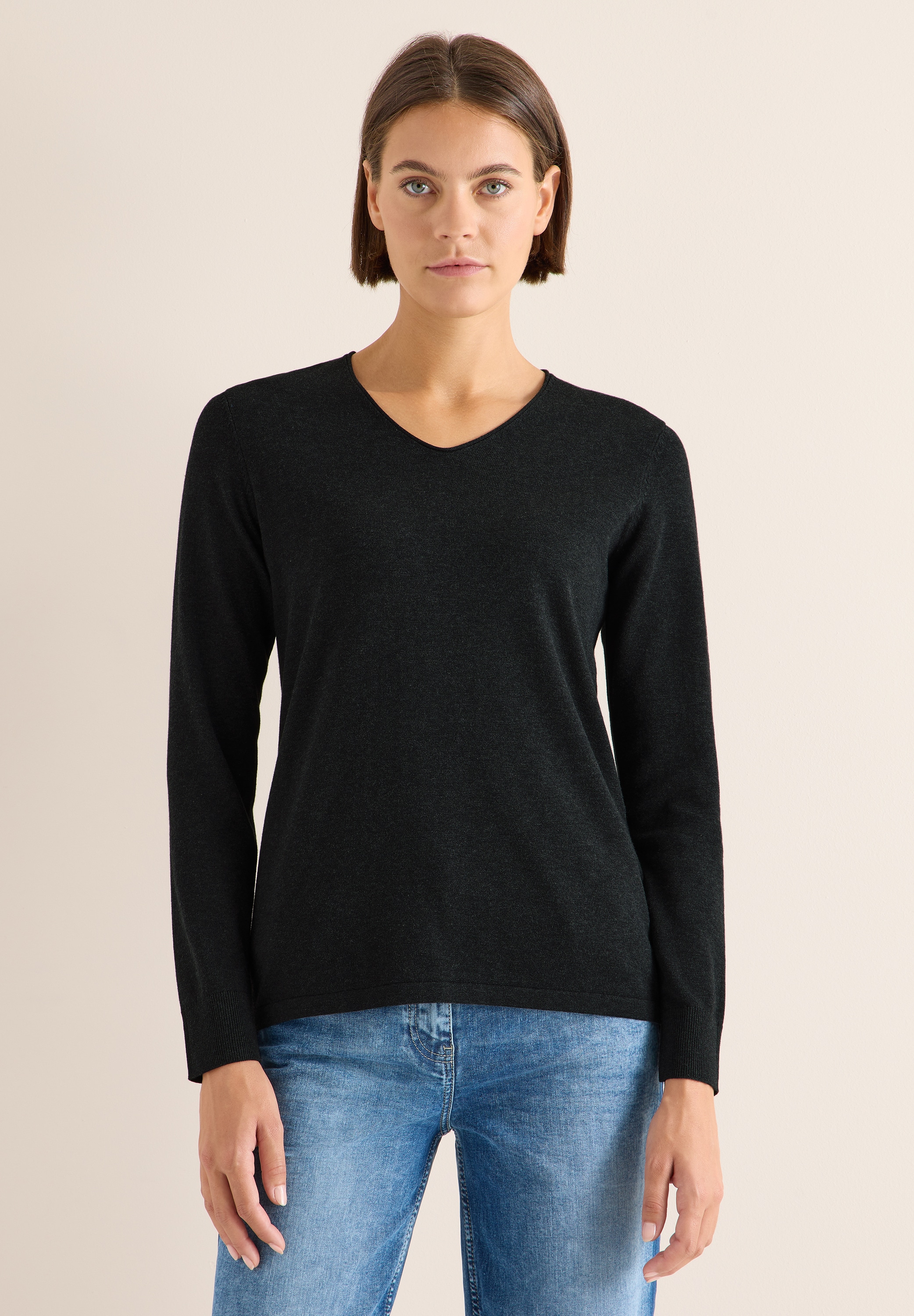 Strickpullover CECIL, Damen, Gr. M (40), grau (charcoal grau melange), Web, 60% Baumwolle, 40% Viskose, unifarben, normal normal, V-Ausschnitt, Rippbündchen, Pullover Strickpullover, im soften Baumwoll-Mix