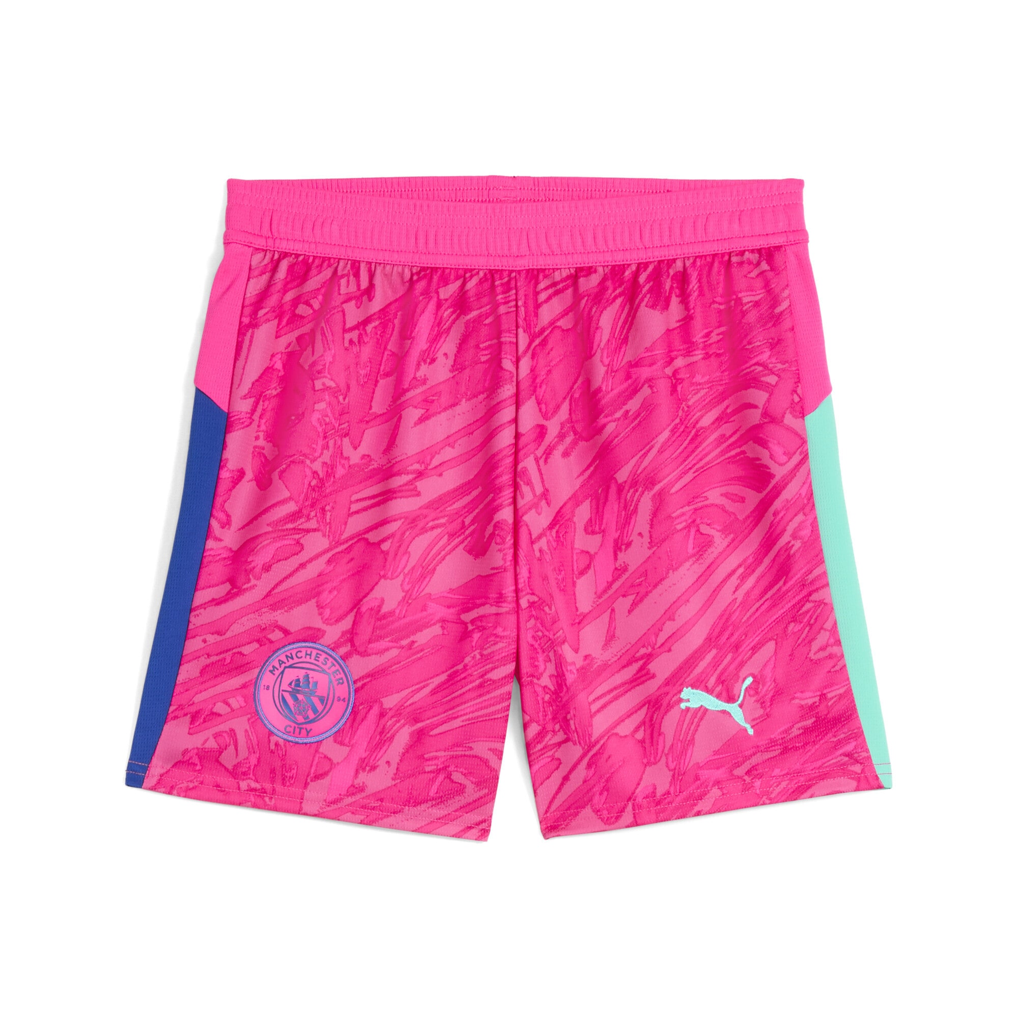 Sporthose PUMA "Manchester City 25/26 Torwartshorts Jugendliche", Mädchen, Gr. 140, Normalgrößen, grün (fluro pink pes aquatic grün), Obermaterial: 100% Polyester, regular fit, Hosen Sporthose
