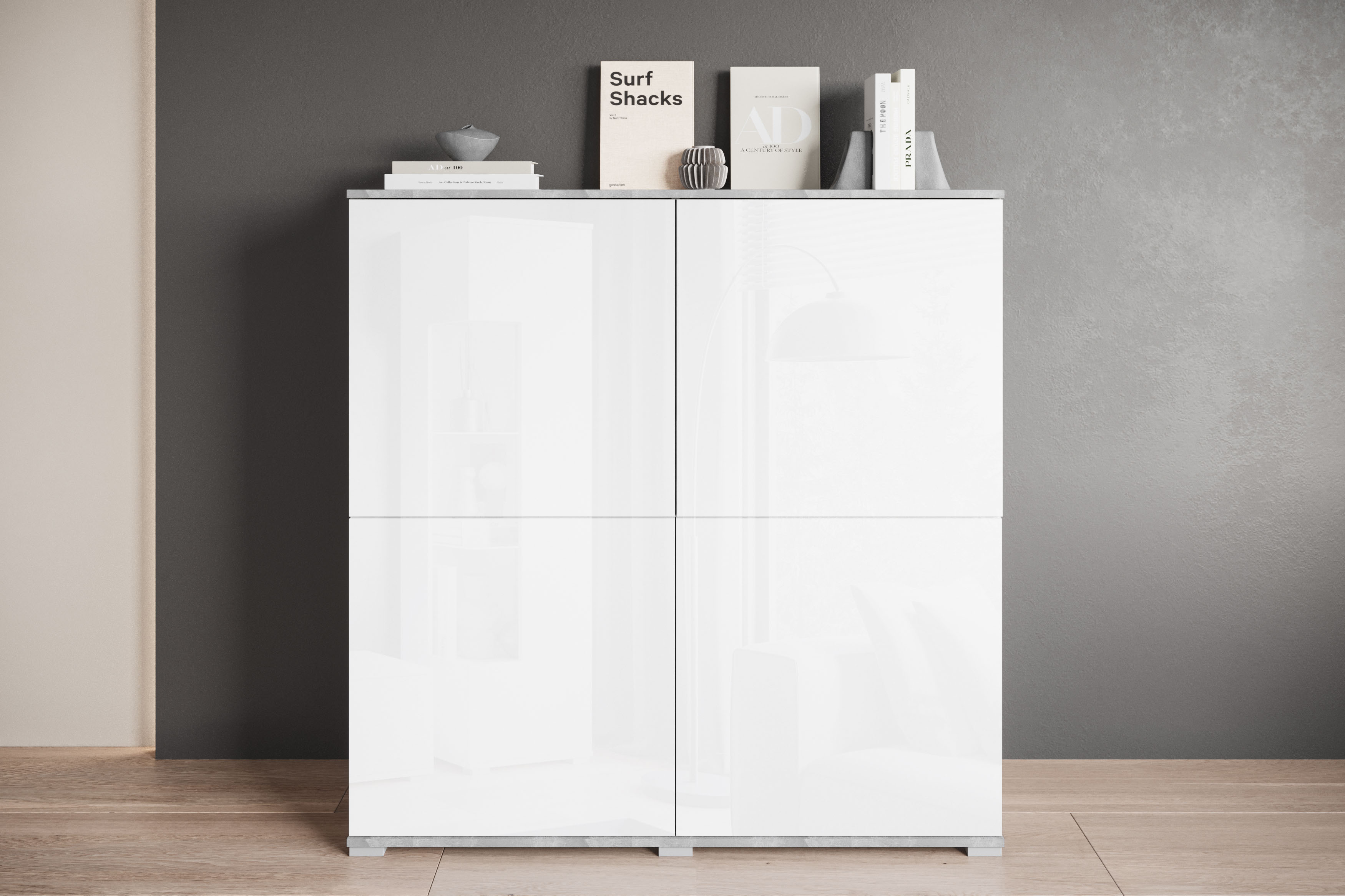 Highboard OTTO HOME "Kenia, moderne grifflose Hochkommode mit 4 Türen, Breite 120 cm", weiß (betonoptik, weiß hochglanz), B:120cm H:125cm T:39,5cm, FSC-zertifizierter Holzwerkstoff, Sideboards, Highboard, Push-to-Open-Fronten, höhenverstellbaren...