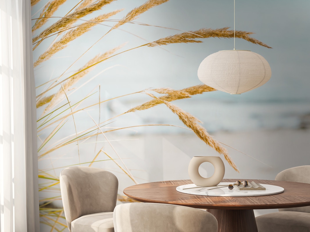 Vliestapete A.S. CRÉATION "Strandtapete Dünengras Fototapete Hellblau Beige", beige, B:2,5m H:0,02m L:3,75m, Vlies, Tapeten