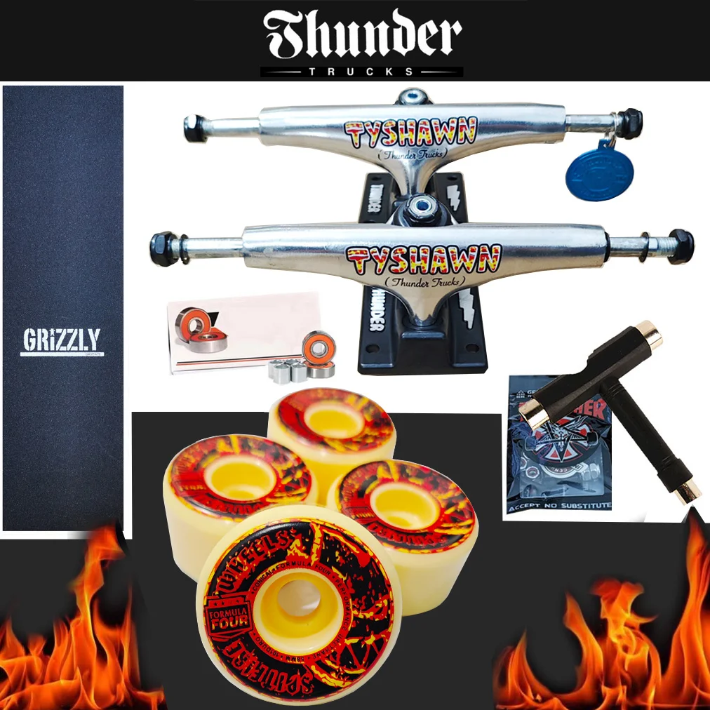 THUNDER Skateboard-Trucks, Größe 147, für 8-Zoll-Decks, plus Pro-Skateboards aus verchromtem Stahl mit Griffband und Spitfire-Rädern