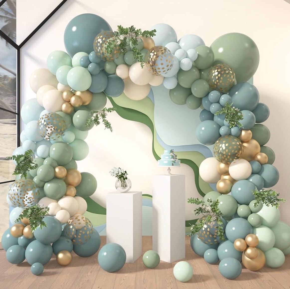Kit ghirlanda di palloncini blu polvere verde, 170 pezzi, nebbia, nebbia blu cenere, verde salvia, sabbia, bianco, oro, palloncini di coriandoli per b