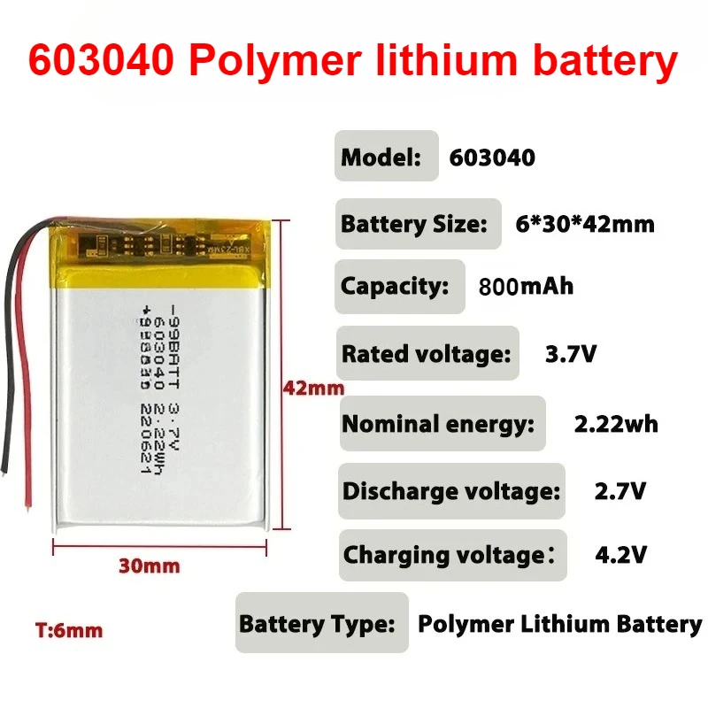 603040 3,7 V Polymer-Lithium-Batterie für Schönheitsgerät, Milchsauggerät, Spielzeuglautsprecher, Autosystem, Navigationsüberwachung, 800 mAh Image