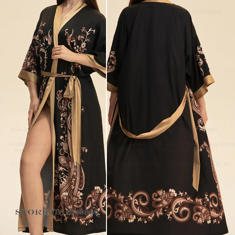 Große Größe Weibliche Lange Robe Negligé Loungewear Vintage Print Blume Halbe Hülse Kimono Bademantel Kleid Lose Nachtwäsche Pyjama Image