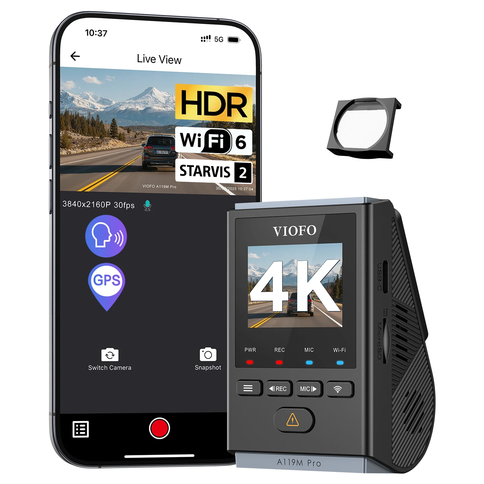 VIOFO A119M Pro 4K HDR MINI Dashcam, STARVIS 2 IMX678 Sensor, Front-Dash-Kamera für Autos, Wi-Fi 6, Quad-Mode-GPS, Sprachsteuerung Image