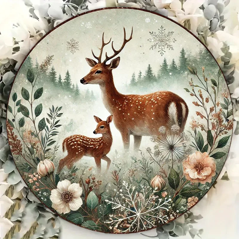 1 Stück Vintage runde Eisen-Wandkunst, 20,3 x 20,3 cm große Metallplakette mit Waldhirsch-Mutter-Design, Mehrzweck-Garten- und Küchendekoration, Wand