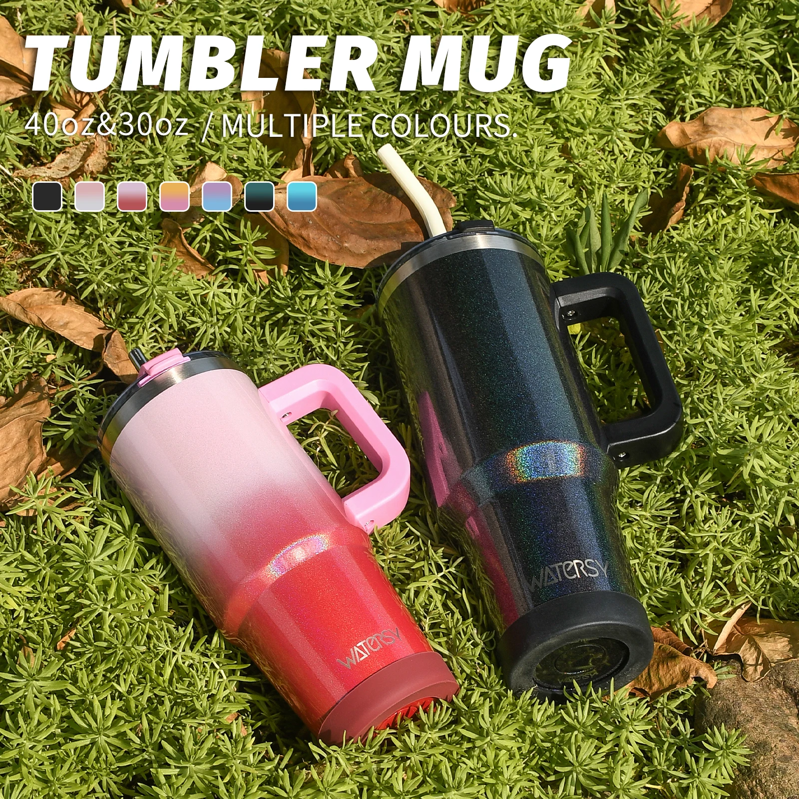WATERSY 30oz/40oz Edelstahl-Thermobecher, großes Fassungsvermögen, Becher mit Griff und isoliertem Strohhalm, für Reisen, für Kaffee Image