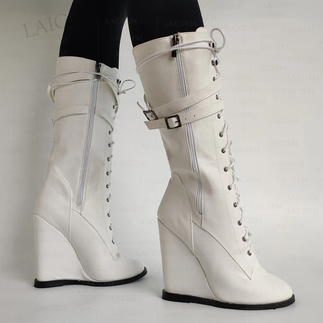 LAIGZEM Damen-Stiefel mit seitlichem Reißverschluss, Keilabsatz, Stiefel aus Kunstleder, handgefertigte Damenschuhe, große Größe 38, 42, 45, 52