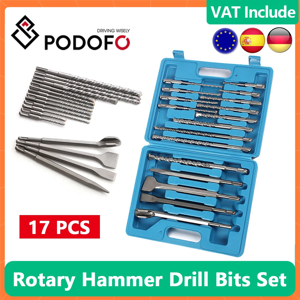 Podofo 17Pcs punta per trapano a percussione rotante s Set SDS strumento per fori per muratura in calcestruzzo manico rotondo Kit di attrezzi per punte per trapano a percussione